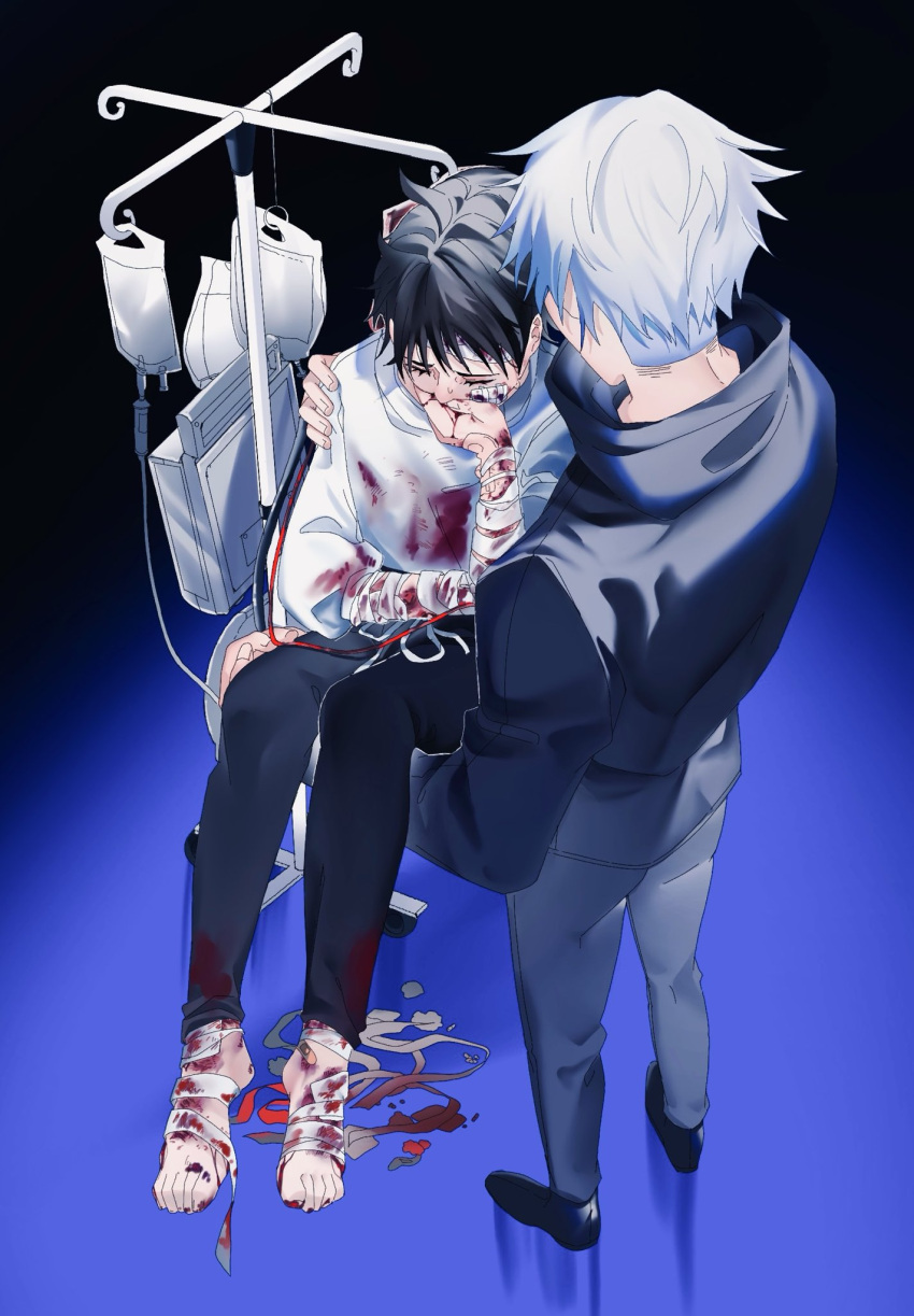 2boys bandaged_foot bandaged_wrist bandages black_footwear black_hair black_jacket black_pants blood blood_on_feet blood_on_hands carrying closed_eyes gojou_satoru grey_pants hand_up highres intravenous_drip jacket jujutsu_kaisen multiple_boys okkotsu_yuuta pants princess_carry seraharuko shoes