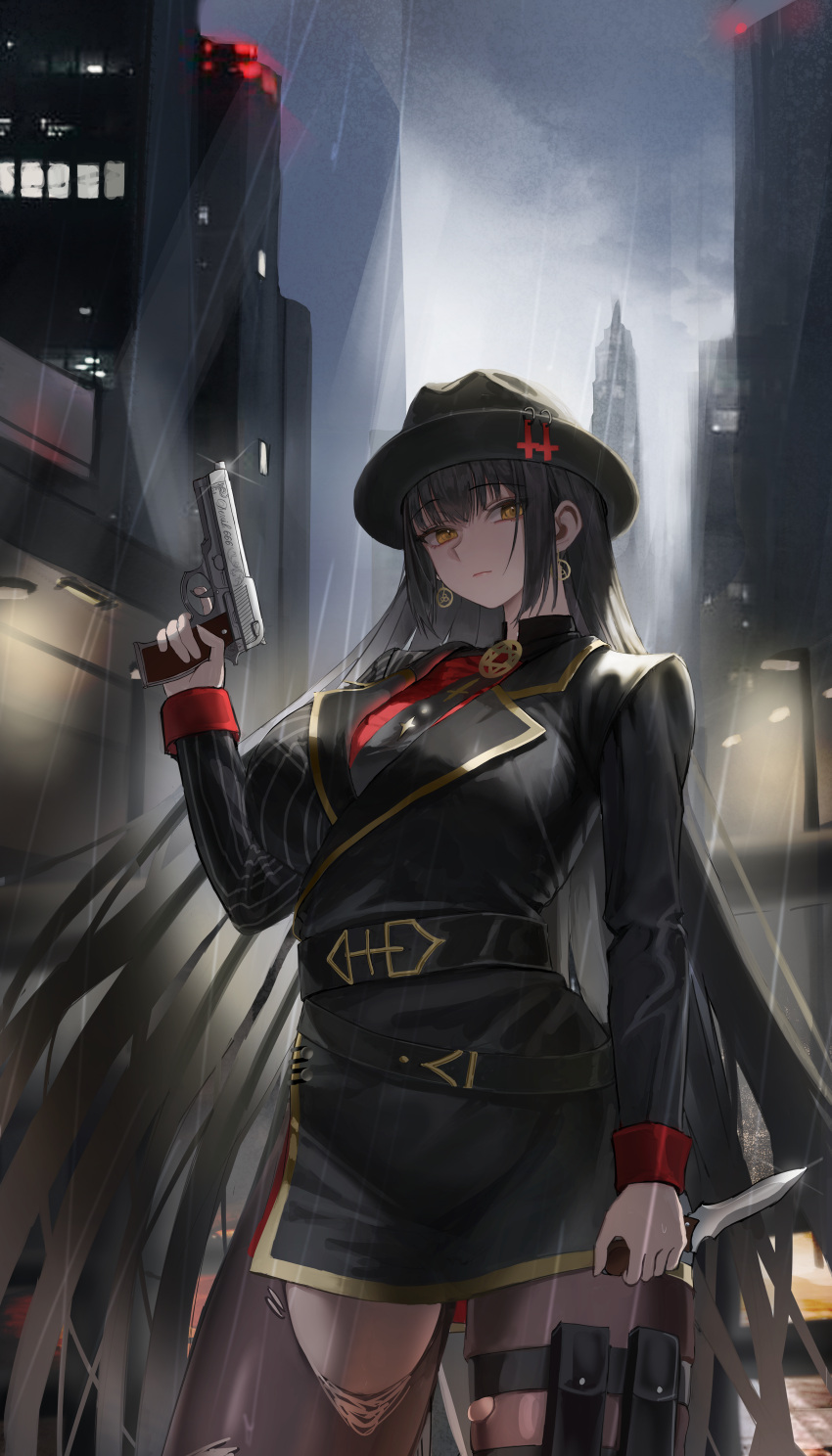 absurdres belt black_belt black_coat black_hat black_necktie black_shirt breasts brown_pantyhose building city cityscape cloud cloudy_sky coat commentary_request earrings female gun handgun hat highres holding holding_gun holding_knife holding_weapon jewelry knife korean_commentary large_breasts long_hair long_sleeves m.k_(mr.k) necktie original outdoors pantyhose pouch rain red_shirt ribbed_shirt shirt sky skyscraper solo standing thigh_pouch thigh_strap torn_clothes torn_pantyhose weapon yellow_eyes