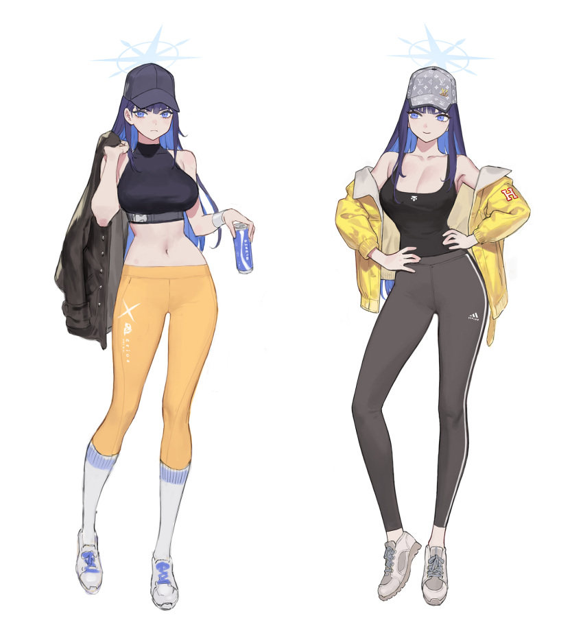 adidas baseball_cap black_hat black_jacket black_pants black_shirt blue_archive blue_eyes blue_hair blue_halo breasts can cleavage colored_inner_hair crop_top drink_can female grey_hat halo hand_on_own_hip harness hat highres jacket ki_min-woo kneehighs large_breasts long_hair long_sleeves looking_at_viewer midriff multicolored_hair multiple_persona navel open_clothes open_jacket pants saori_(blue_archive) shirt shoes sleeveless sleeveless_shirt smile socks track_pants white_footwear yellow_jacket yellow_pants