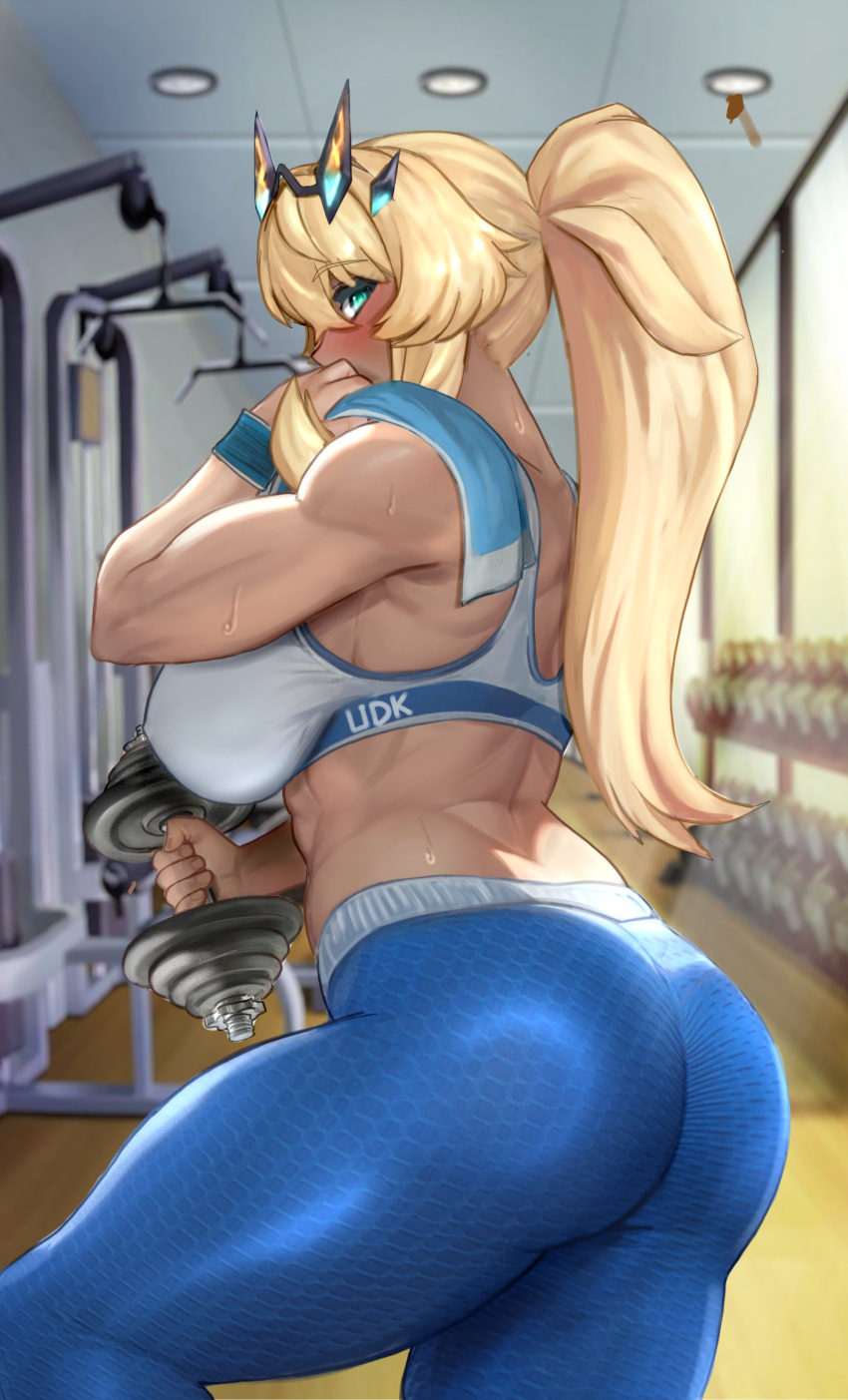 absurdres ass bare_shoulders barghest_(fate) biceps blonde_hair blue_pants blush breasts dumbbell exercising fate/grand_order fate_(series) female green_eyes highres horns large_breasts long_hair looking_at_viewer muscular muscular_female pants ponytail raskasar solo sports_bra thick_thighs thighs towel weightlifting white_sports_bra wristband yoga_pants