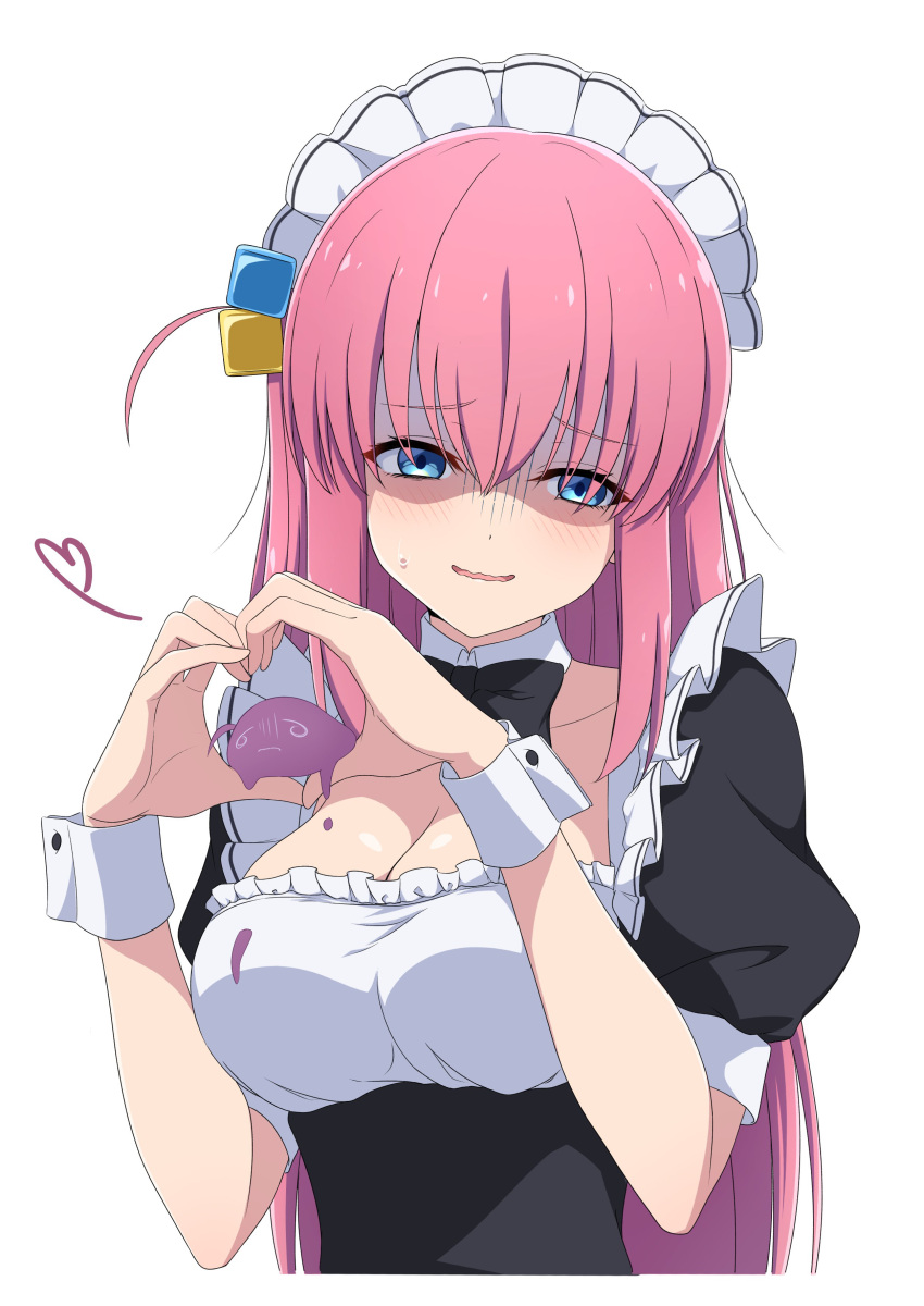 absurdres alternate_costume blush bocchi_the_rock! breasts cleavage commentary cube_hair_ornament enmaided female gotoh_hitori gotoh_hitori_(tsuchinoko) hair_ornament heart heart_hands highres large_breasts long_hair maid maid_headdress nishizuki_shino one_side_up pink_hair sidelocks simple_background smile solo upper_body wavy_mouth white_background