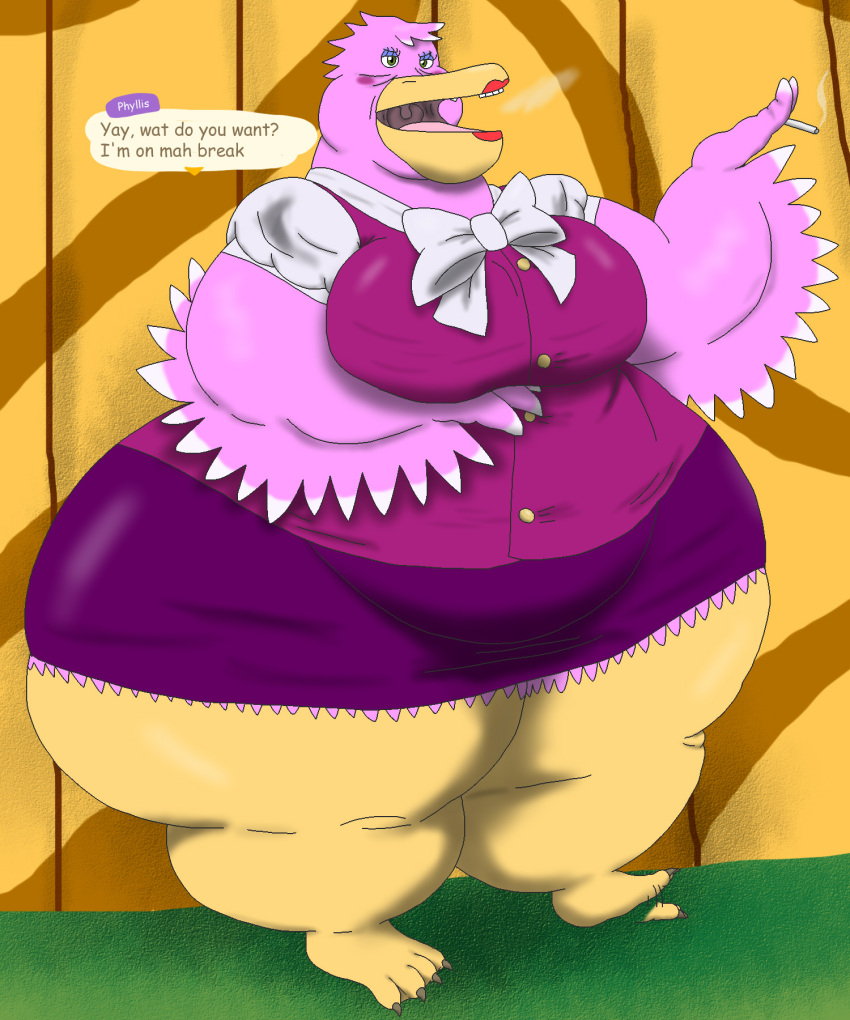 alythewolfcat animal_crossing anthro avian big_breasts bird breasts clothing english_text feather_hands feathers female hi_res huge_hips hyper hyper_hips male morbidly_obese nintendo obese overweight overweight_female pelecaniform pelican phyllis_(animal_crossing) smoking solo text wide_hips