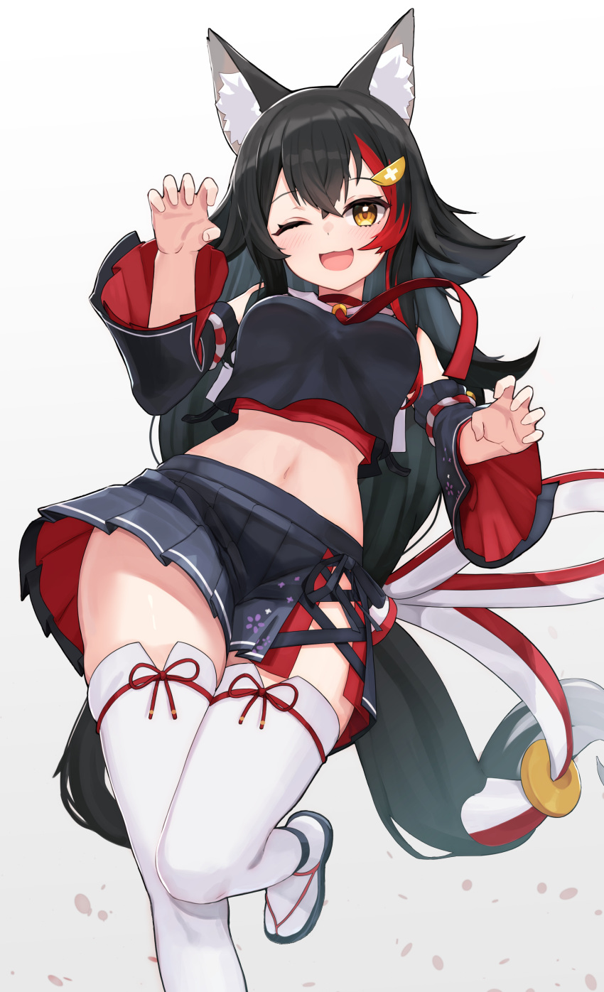 absurdres animal_ear_fluff animal_ears black_hair black_shirt black_skirt black_sleeves blush breasts claw_pose commentary crop_top crossed_bangs detached_sleeves female hair_between_eyes hands_up highres hololive kouhaku_nawa long_hair looking_at_viewer medium_breasts miniskirt multicolored_hair navel one_eye_closed ookami_mio ookami_mio_(1st_costume) open_mouth red_hair rope sandals shimenawa shirt simple_background skirt smile solo standing standing_on_one_leg streaked_hair tail thighhighs thighs virtual_youtuber white_background white_thighhighs wolf_ears wolf_girl wolf_tail woogi_(duguddnr) yellow_eyes