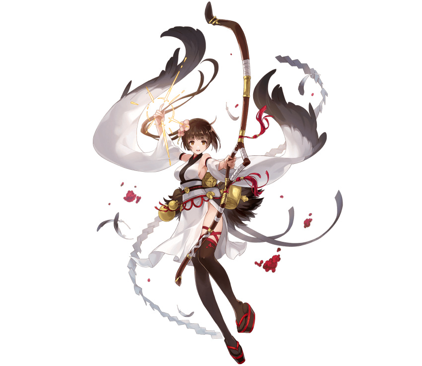 :d aiming azusa_yumi_(phantom_of_the_kill) bow_(weapon) brown_eyes brown_hair brown_thighhighs detached_sleeves female floating_hair full_body furisode geta highres holding holding_bow_(weapon) holding_weapon japanese_clothes kimono long_hair looking_at_viewer official_art open_mouth phantom_of_the_kill platform_footwear side_slit simple_background smile solo tachi-e thighhighs thighs third-party_source transparent_background weapon white_kimono