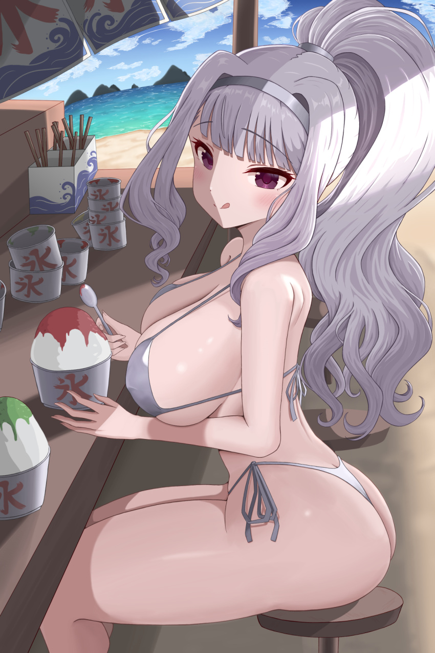 :q ass bare_arms bare_legs bare_shoulders beach bikini blue_sky blunt_bangs blush breasts cleavage cloud cloudy_sky covered_nipples curtained_hair dot_nose eyelashes female fluffy_hair food from_side grey_bikini grey_hair hair_over_shoulder highres holding holding_spoon idolmaster idolmaster_million_live! idolmaster_million_live!_theater_days jyo_(leleon) large_breasts long_hair looking_at_viewer mountainous_horizon ocean outdoors ponytail purple_eyes shaved_ice shijou_takane side-tie_bikini_bottom sideboob sidelocks sitting sky solo spoon swimsuit table tongue tongue_out very_long_hair wavy_hair