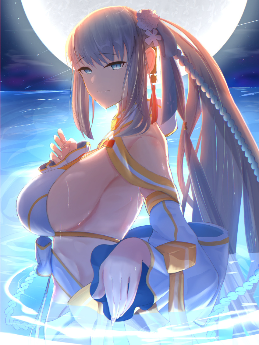 absurdres backlighting bare_shoulders bikini blue_eyes blue_hair braid breasts detached_sleeves fate/grand_order fate_(series) female flower full_moon gold_trim hair_flower hair_ornament hair_ribbon highres large_breasts long_hair long_sleeves looking_at_viewer moon morgan_le_fay_(fate) morgan_le_fay_(water_princess)_(fate) night night_sky ponytail puffy_long_sleeves puffy_sleeves ribbon shiekekan sidelocks sky smile solo swimsuit twin_braids very_long_hair water wet white_bikini white_hair