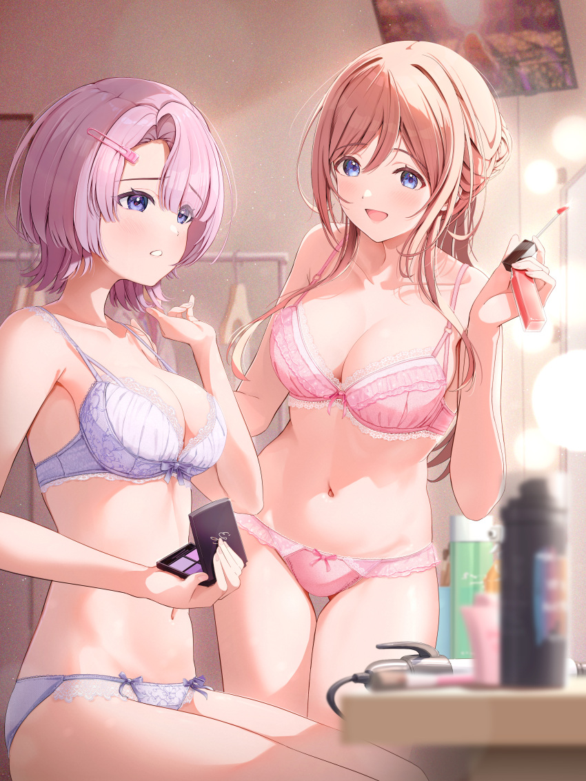 absurdres applying_makeup arimura_mao blue_bra blue_eyes blue_panties bow bow_panties bra breasts cosmetics fujinomiya_rio gakuen_idolmaster hair_ornament hairclip highres himesaki_rinami idolmaster indoors large_breasts long_hair looking_at_another looking_at_mirror makeup_brush medium_hair mirror navel orange_hair panties pink_bra pink_hair pink_panties sitting stomach underwear underwear_only