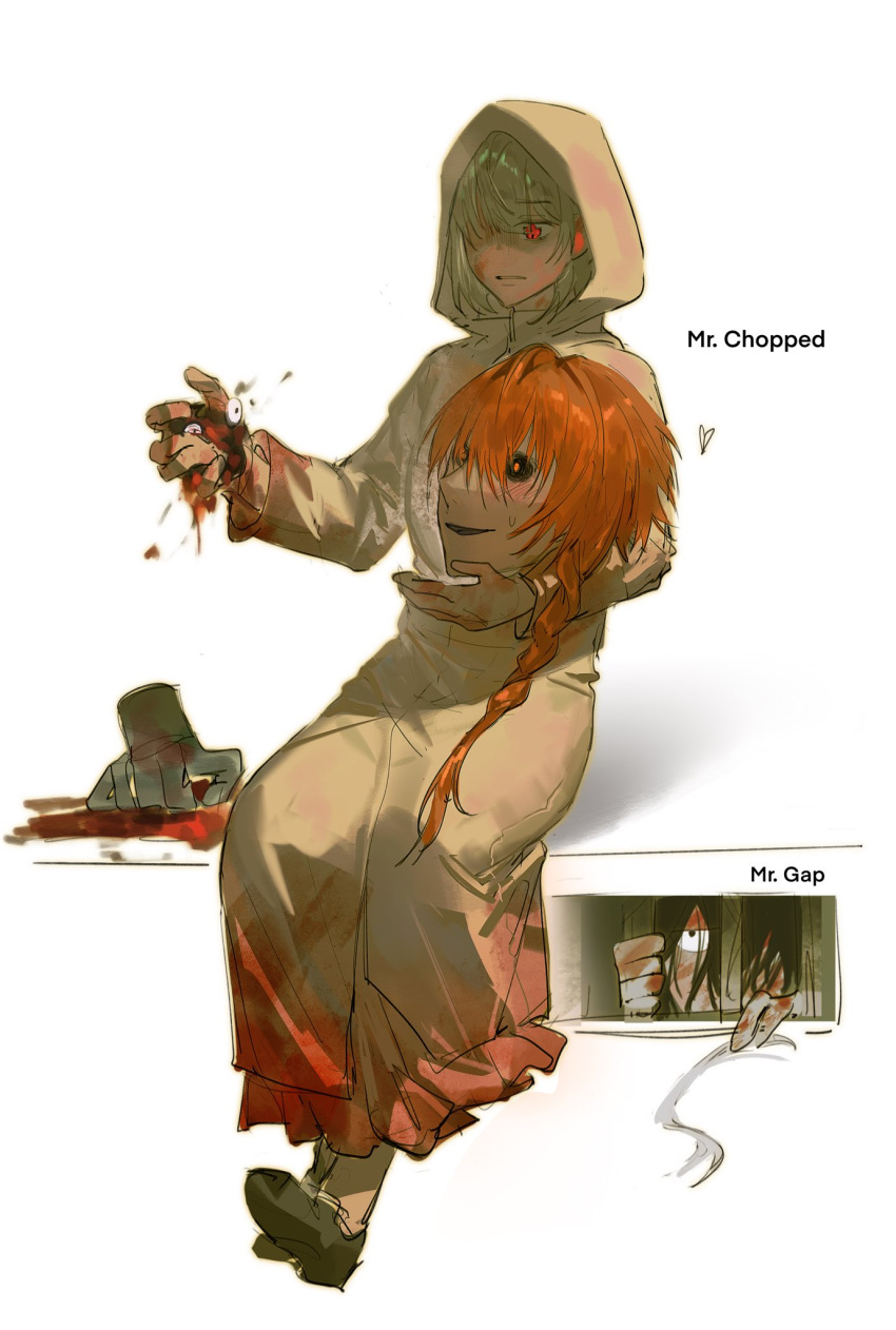 2boys black_footwear black_sclera blood blood_on_clothes braid colored_sclera disembodied_hand disembodied_head female hand_up heroine_(homicipher) highres homicipher hood hooded_coat long_hair long_sleeves mr._chopped mr._gap multiple_boys orange_hair parted_lips red_eyes sanqie shoes simple_background sitting smile white_background white_hair white_raincoat