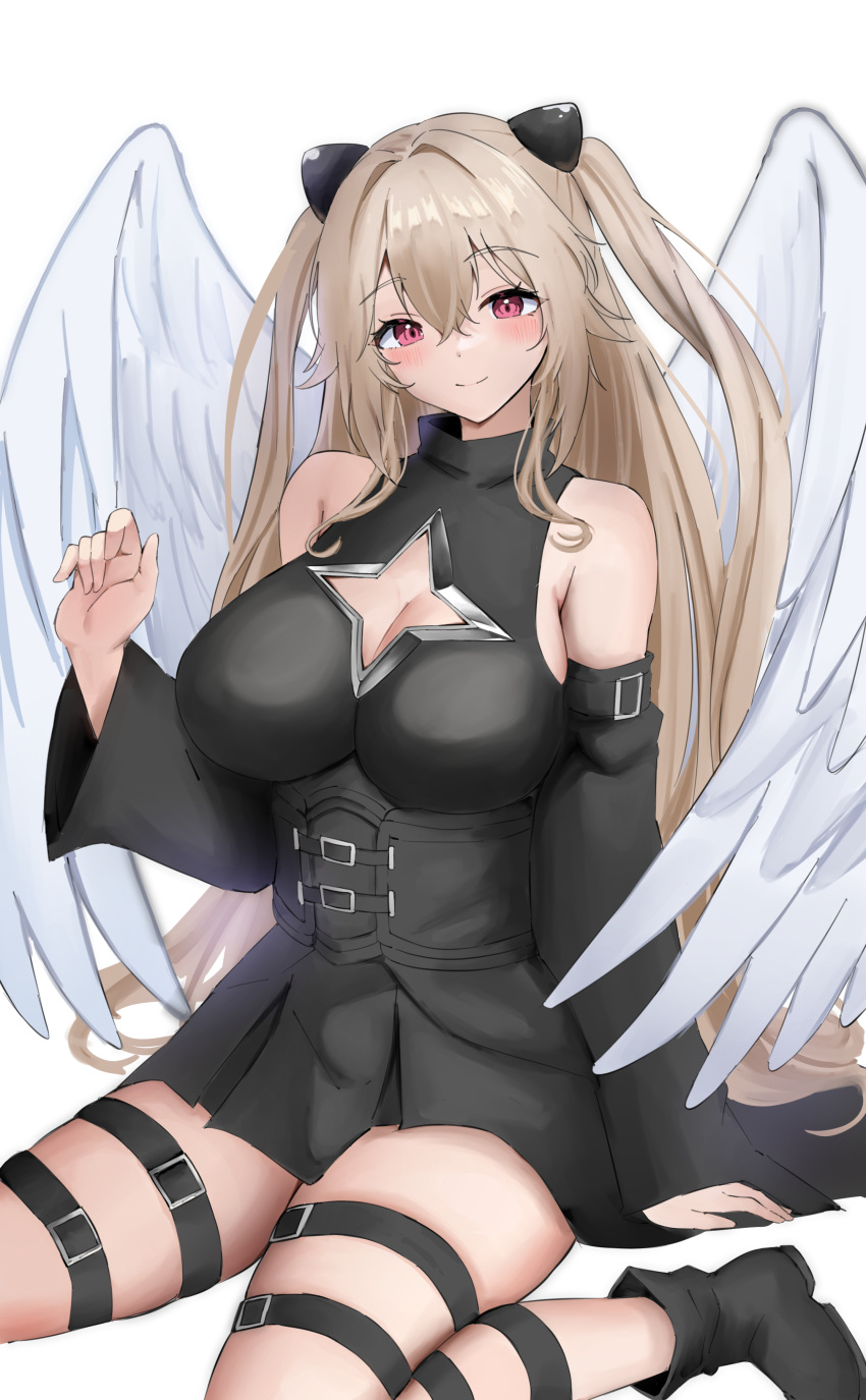 absurdres anchorage_(azur_lane) arm_support azur_lane bare_shoulders belt black_belt black_dress black_footwear blush breasts brown_hair cleavage cleavage_cutout clothing_cutout commentary_request cosplay detached_sleeves dress feathered_wings female hair_intakes highres konjiki_no_yami konjiki_no_yami_(cosplay) large_breasts long_hair looking_at_viewer red_eyes simple_background sitting sleeveless sleeveless_dress smile solo soul_(dp11) star_cutout thigh_belt thigh_strap to_love-ru to_love-ru_darkness turtleneck turtleneck_dress two_side_up white_background white_wings wings