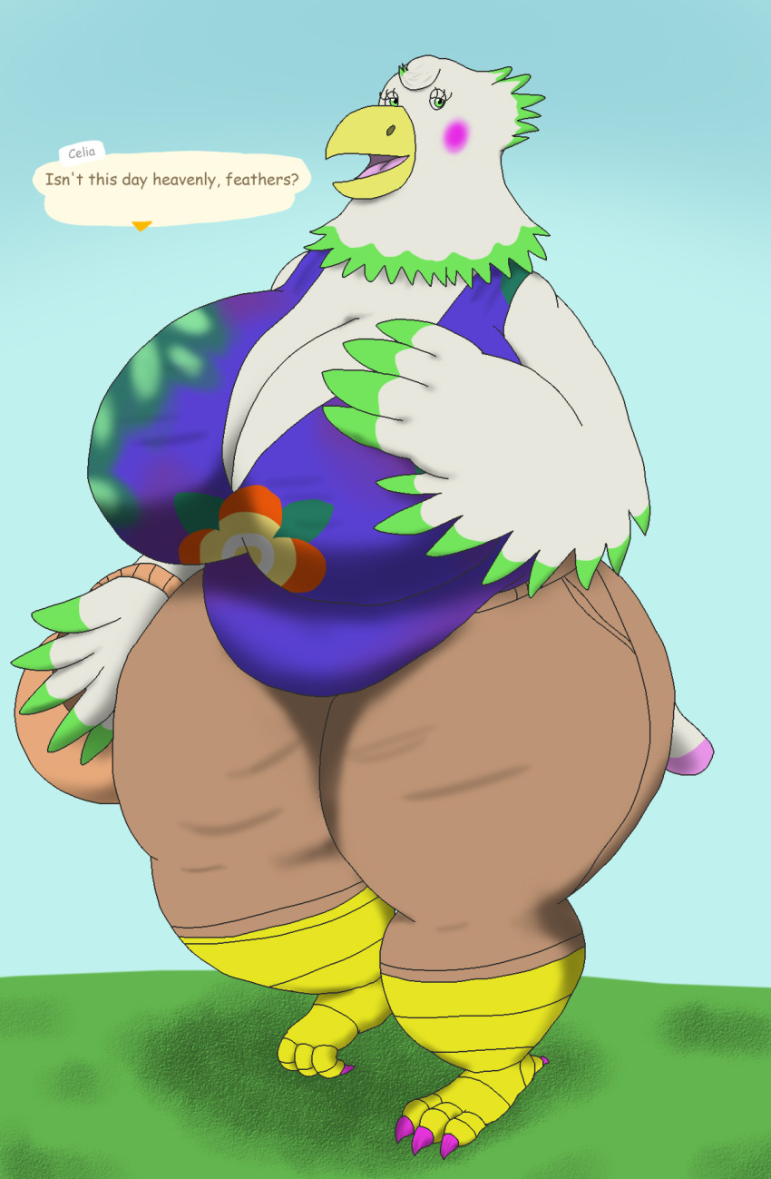 accipitrid accipitriform alythewolfcat animal_crossing anthro avian big_breasts bird bottomwear breasts celia_(animal_crossing) clothing eagle english_text feather_hands feathers female flower_basket hi_res huge_breasts huge_hips nintendo overweight overweight_female pants shirt solo tank_top text topwear wide_hips