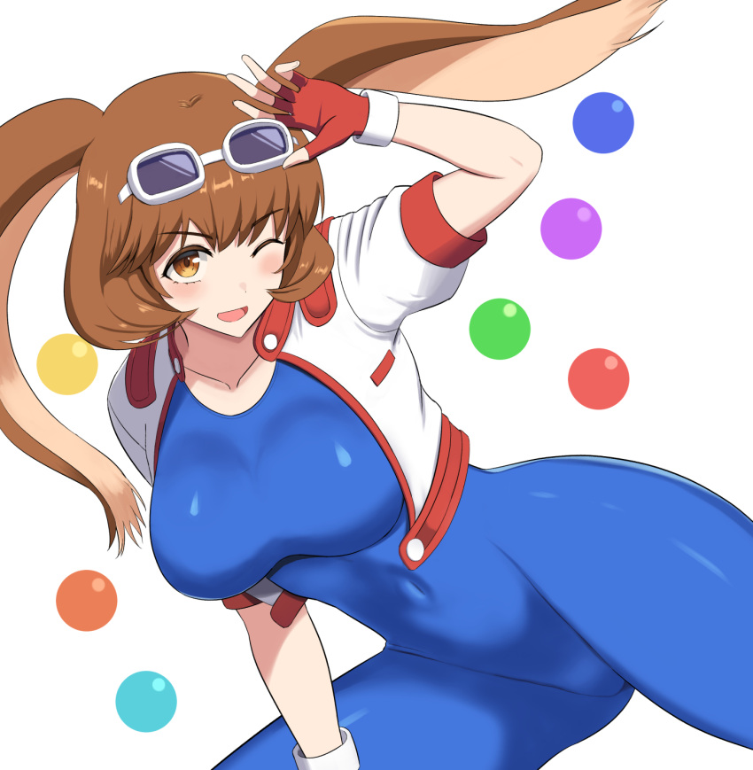 animal_ears blue_bodysuit blue_unitard bodysuit breasts brown_eyes brown_hair cleavage covered_navel curvy female fingerless_gloves gloves goggles goggles_on_head highres jacket kneeling large_breasts makihara_arina mayomaru1 rabbit_ears skin_tight smile solo waku_waku_7 white_background