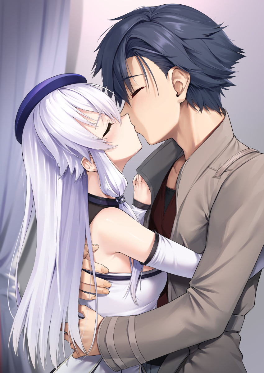 1boy absurdres altina_orion beret black_hair blue_hat blush brown_jacket closed_eyes commentary_request commission couple detached_sleeves dress eiyuu_densetsu facing_another female gloves hat henria highres hug indoors jacket kai_no_kiseki kissing kuro_no_kiseki_(series) long_hair open_clothes open_jacket rean_schwarzer short_hair sidelocks skeb_commission straight white_dress white_gloves white_hair