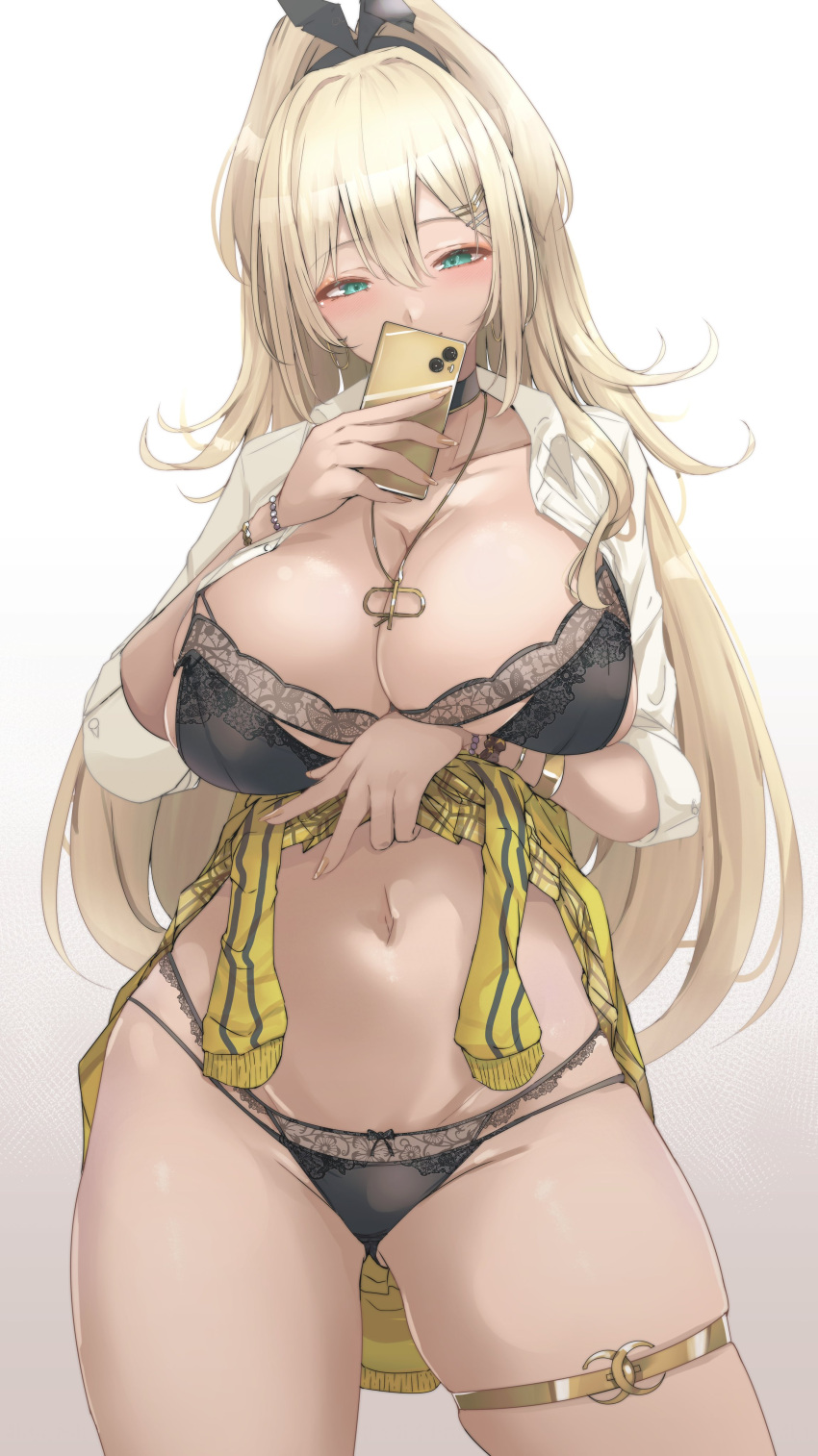 absurdres black_bra black_panties blonde_hair blush bra bracelet breasts cellphone cleavage collarbone female floral_print goddess_of_victory:_nikke green_eyes gyaru hair_between_eyes hair_ornament highres jacket jewelry large_breasts lifting_own_clothes long_hair looking_at_viewer navel necklace panties phone rupee_(nikke) ryuu. shirt smartphone solo stomach tan underwear white_background white_shirt