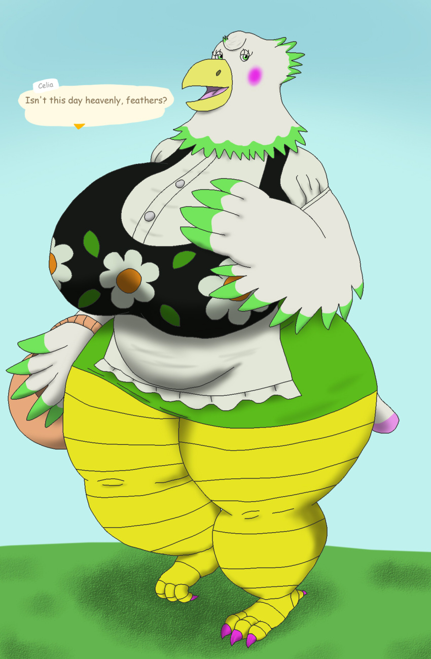 accipitrid accipitriform alythewolfcat animal_crossing anthro avian big_breasts bird breasts celia_(animal_crossing) clothing dress eagle english_text feather_hands feathers female flower_basket hi_res huge_breasts huge_hips nintendo overweight overweight_female solo text wide_hips