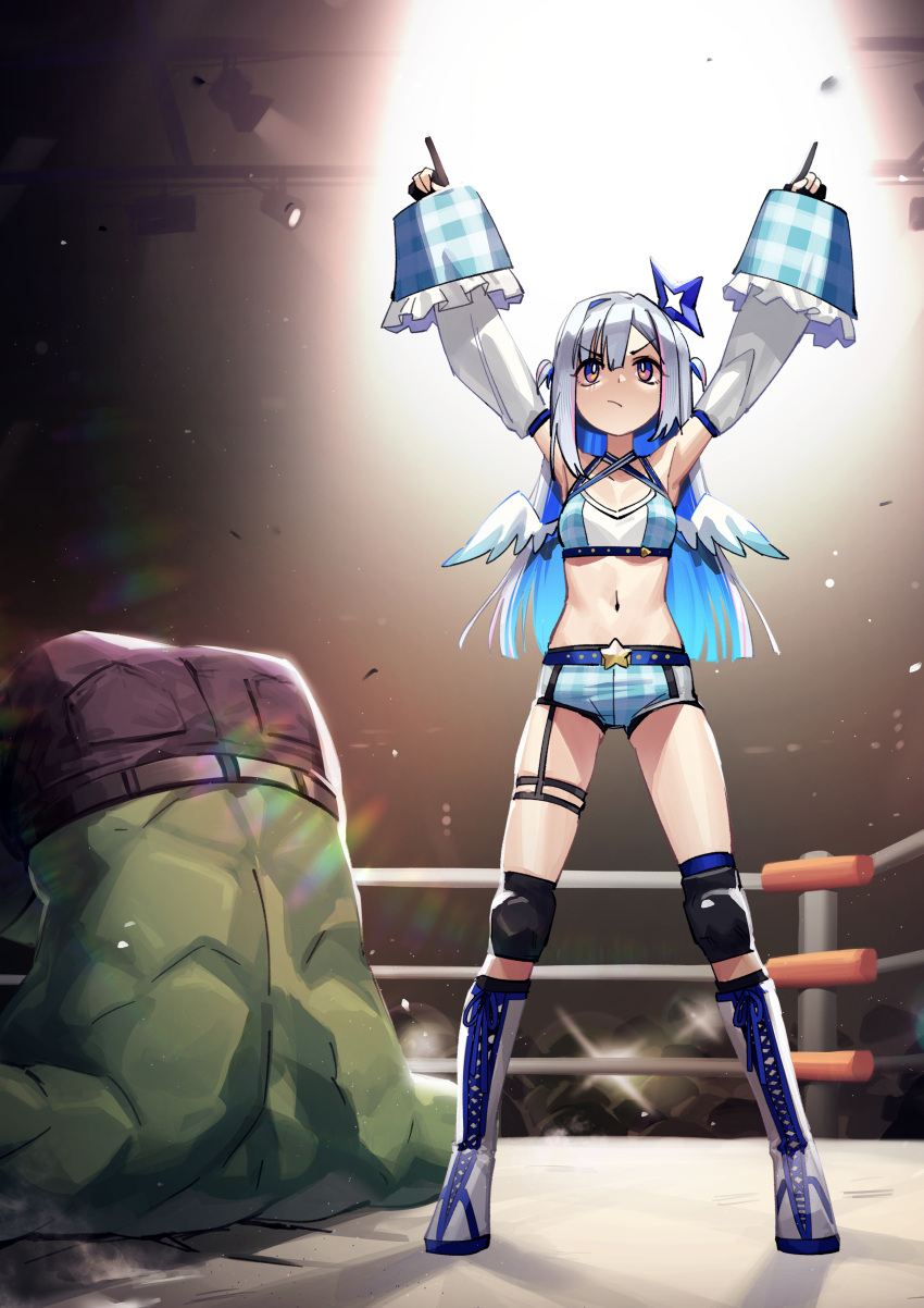 1boy absurdres adapted_costume adarin amane_kanata amane_kanata_(1st_costume) angel_wings blue_hair boots colored_inner_hair colored_skin detached_sleeves female gloves green_skin grey_hair hashtag-only_commentary highres hololive hulk knee_pads long_hair marvel midriff multicolored_hair muscular muscular_male navel official_alternate_hair_length official_alternate_hairstyle partially_fingerless_gloves pointing pointing_up purple_eyes shorts single_hair_intake spotlight textless_version upside-down victory_pose virtual_youtuber wings wrestling_outfit wrestling_ring