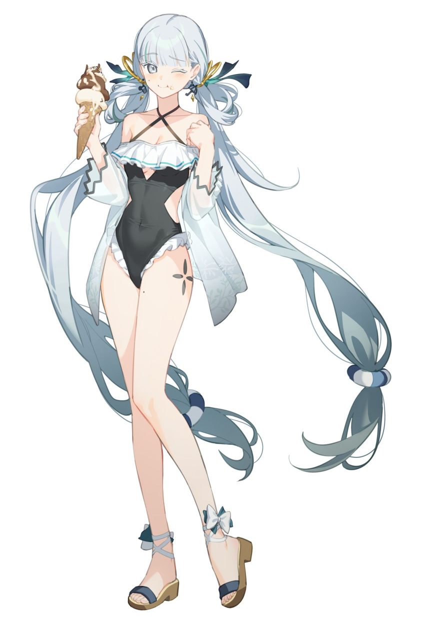 alternate_costume bare_legs bare_shoulders black_one-piece_swimsuit casual_one-piece_swimsuit closed_mouth clothing_cutout collarbone commentary_request covered_navel criss-cross_straps dl_(dl_6ix) earrings eating feet female food full_body hand_up highres holding holding_ice_cream_cone ice_cream ice_cream_cone jewelry jinhsi_(wuthering_waves) korean_commentary legs long_hair looking_at_viewer low_twintails mole mole_on_thigh off-shoulder_one-piece_swimsuit off_shoulder one-piece_swimsuit sandals side_cutout simple_background solo swimsuit swimsuit_cover-up toes twintails underboob_cutout very_long_hair white_background white_eyelashes white_eyes white_hair wuthering_waves