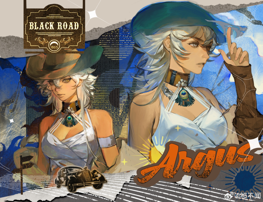 argus_(reverse:1999) bare_shoulders blue_background breasts brown_choker brown_hat brown_sleeves camisole character_name choker cleavage cowboy_hat detached_sleeves english_text female grey_eyes hand_up hat heterochromia highres index_finger_raised large_breasts multiple_views parted_lips peacock_feathers qi_buwen reverse:1999 upper_body vintage_car weibo_logo weibo_watermark white_camisole white_hair yellow_eyes