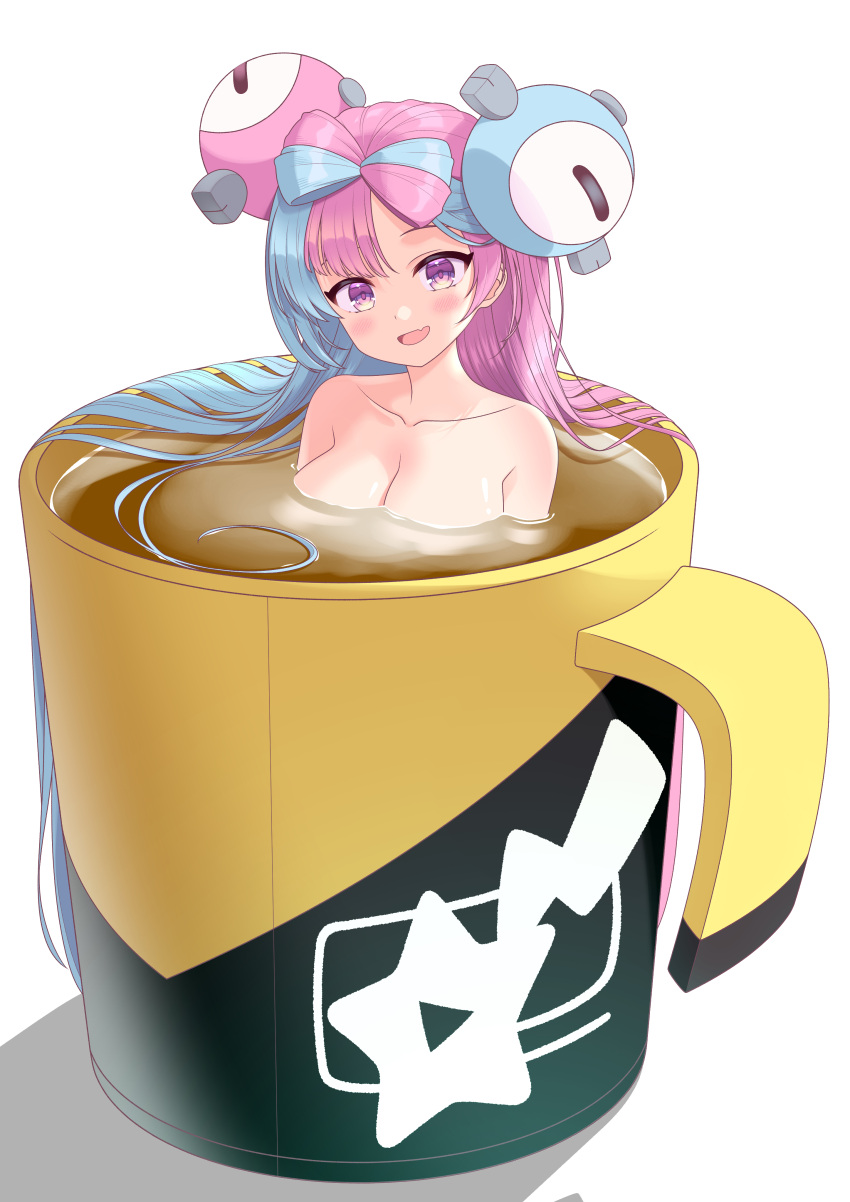 :d absurdres bathing blue_hair bow-shaped_hair breasts character_hair_ornament collarbone commentary_request cup female hair_ornament happy highres in_container in_cup iono_(pokemon) long_hair looking_at_viewer mini_person minigirl mug multicolored_hair nude open_mouth pink_hair pokemon pokemon_sv purple_eyes smile solo ssaaggwwaa star_(symbol) star_print two-tone_hair water