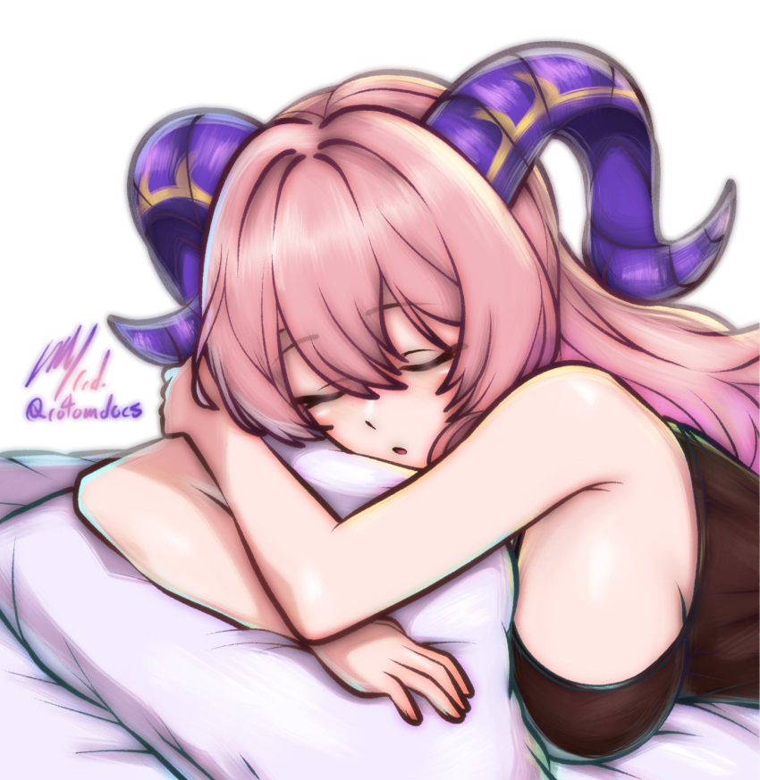 alternate_costume artist_name breasts closed_eyes female fire_emblem fire_emblem_heroes goat_horns highres horns large_breasts nerthuz_(fire_emblem) parted_lips pillow pink_hair sideboob sleeping solo