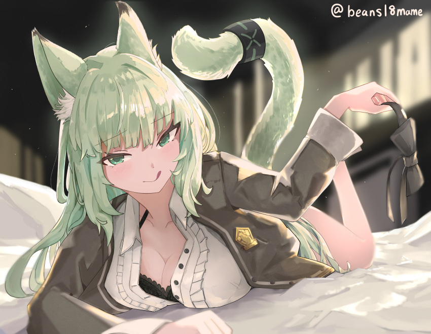 :q absurdres animal_ear_fluff animal_ears arknights beans18mame black_bow black_bra black_jacket bow bra breasts center_frills cleavage closed_mouth collarbone collared_shirt commentary_request female frills full_body green_eyes green_hair green_tail harmonie_(arknights) highres holding holding_bow_(ornament) infection_monitor_(arknights) jacket large_breasts light_particles long_hair long_sleeves looking_at_viewer lying on_stomach partial_commentary shirt solo tail tail_raised tongue tongue_out twitter_username underwear unworn_bow white_shirt