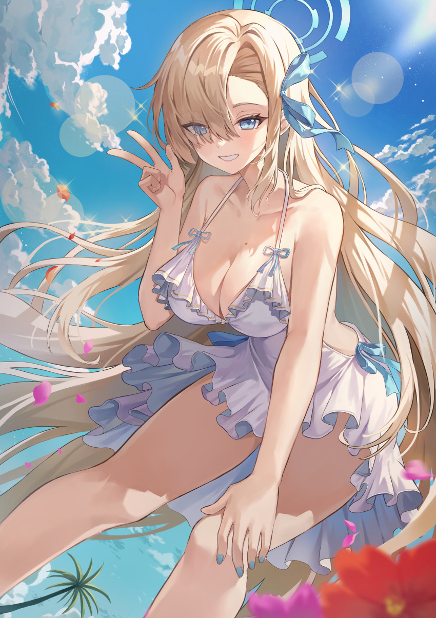 absurdres alternate_costume asuna_(blue_archive) bare_arms blue_archive blue_eyes blue_halo blue_ribbon blurry bokeh breasts cleavage cloud cloudy_sky collarbone commentary_request depth_of_field dress eyes_visible_through_hair falling_petals female greenapple hair_over_one_eye hair_ribbon halo hand_on_own_knee highres large_breasts light_brown_hair long_hair looking_at_viewer mole mole_on_breast palm_tree petals pink_petals ribbon sky smile solo sunlight thighs tree v very_long_hair w white_dress