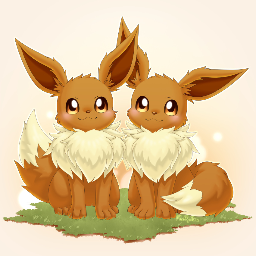 3_toes absurd_res black_eyes blush brown_body brown_eyes brown_fur brown_tail duo eevee feet female feral fluffy_hinu fox_tail fur generation_1_pokemon grass grass_field hi_res looking_at_viewer male male/female nintendo plant pokemon pokemon_(species) smile tail toes