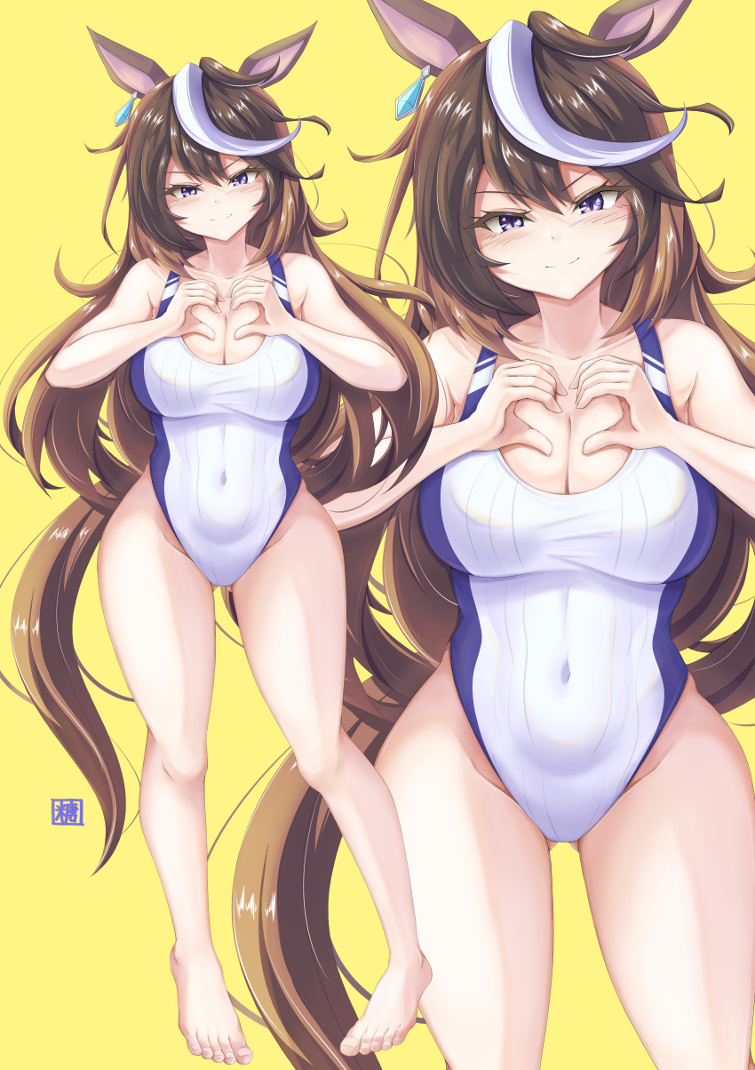 absurdres animal_ears barefoot breasts brown_hair cleavage commentary_request competition_swimsuit covered_navel cowboy_shot earrings female full_body heart heart_hands highleg highleg_one-piece_swimsuit highres horse_ears horse_girl horse_tail jewelry large_breasts long_hair multicolored_hair multiple_views one-piece_swimsuit purple_eyes single_earring streaked_hair swimsuit symboli_rudolf_(umamusume) tail tong_shui two-tone_swimsuit umamusume white_hair white_one-piece_swimsuit yellow_background