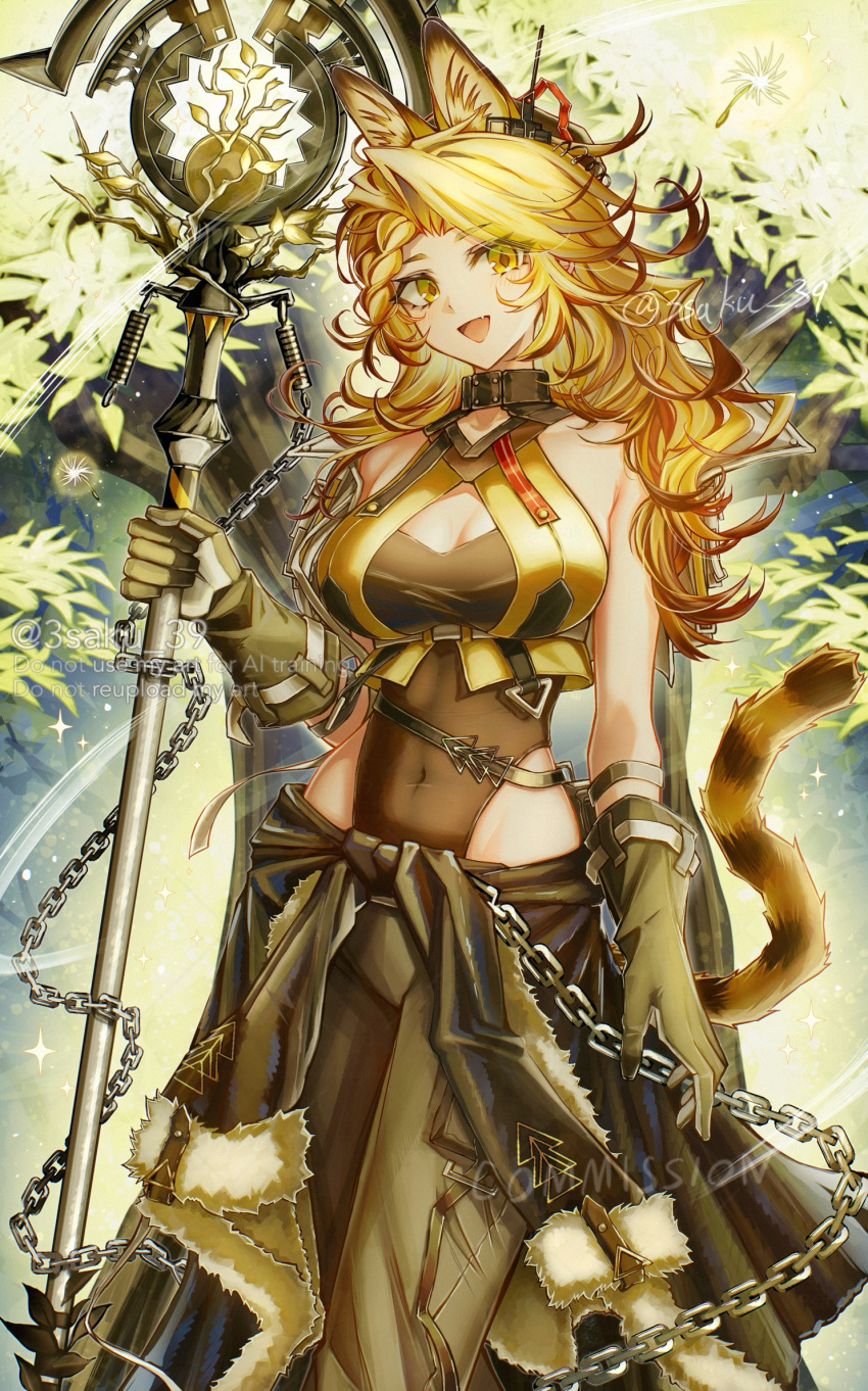 3_(sanyako1) animal_ears arknights arm_at_side bare_shoulders blonde_hair blush braid breasts brown_leotard cat_ears cat_girl cat_tail chains cleavage cleavage_cutout clothing_cutout commentary commission covered_navel cropped_jacket dandelion feet_out_of_frame female flower gloves green_gloves groin hand_in_own_hair highleg highleg_leotard highres holding jacket large_breasts leotard leotard_under_clothes long_hair looking_at_viewer lowleg open_clothes open_jacket parted_lips pouch quercus_(arknights) serval side_braid sleeveless solo tail tail_raised underbust watermark white_jacket yellow_eyes