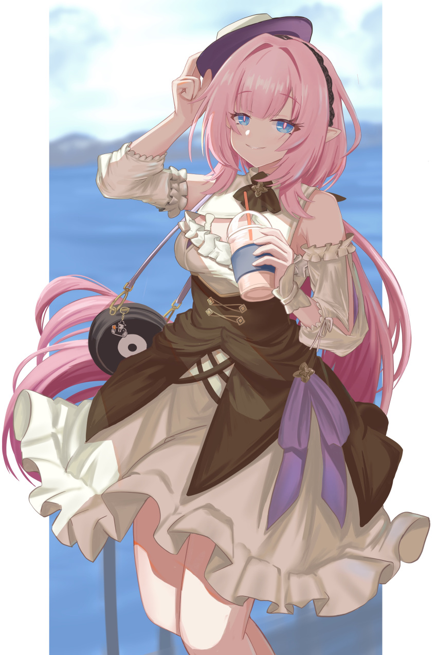 absurdres bag bare_legs bare_shoulders black_bag black_hairband blue_eyes blue_sky breasts cleavage collar commentary cowboy_shot cup detached_sleeves disposable_cup dress drinking_straw elysia_(honkai_impact) elysia_(miss_pink_elf)_(honkai_impact) elysia_(sweet_memories)_(honkai_impact) female hair_intakes hairband hat highres holding holding_cup holding_hat holding_unworn_clothes honkai_(series) honkai_impact_3rd large_breasts long_hair looking_at_viewer ocean official_alternate_costume outdoors pink_hair pink_pupils pointy_ears shoulder_bag sky smile solo standing symbol-only_commentary tsuroro very_long_hair white_collar white_dress white_hat white_sleeves