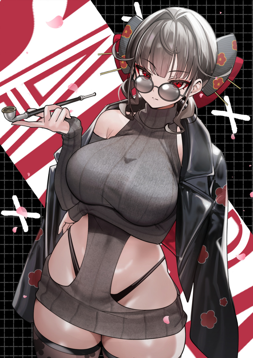 absurdres alternate_costume black_hair black_jacket black_panties breasts closed_mouth female glasses goddess_of_victory:_nikke hair_ornament highleg highleg_panties highres holding holding_smoking_pipe jacket jacket_on_shoulders large_breasts leather leather_jacket looking_at_viewer medium_hair panties red_eyes sakura_(nikke) smoking_pipe solo teddypocky underwear zozotown