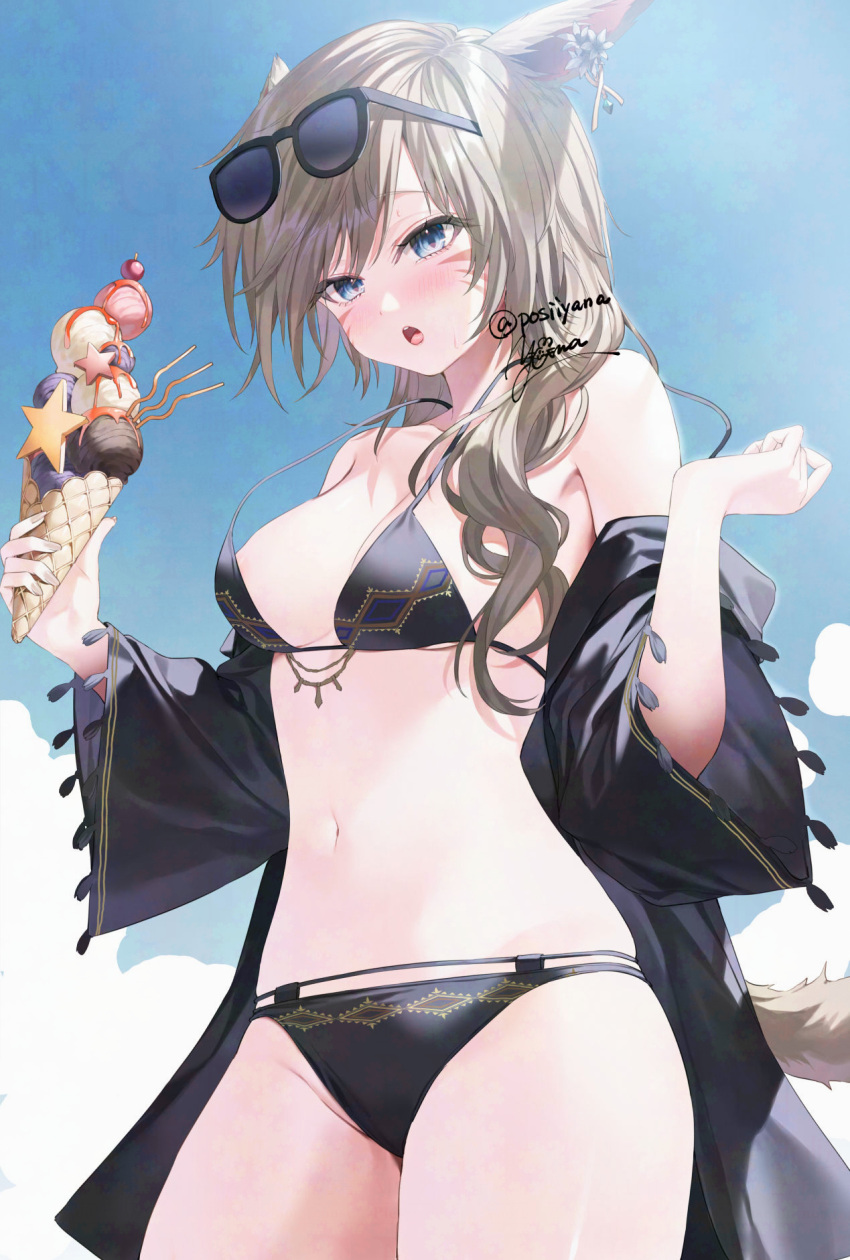 animal_ears bikini black_bikini black_jacket blue_eyes blue_sky breasts brown_hair cat_ears cat_girl cat_tail commentary_request eyewear_on_head facial_mark female final_fantasy final_fantasy_xiv food highres ice_cream ice_cream_cone jacket medium_breasts miqo'te navel open_mouth outdoors signature sky sunglasses swimsuit tail teeth upper_teeth_only wardrobe_malfunction warrior_of_light_(ff14) whisker_markings yana_mori