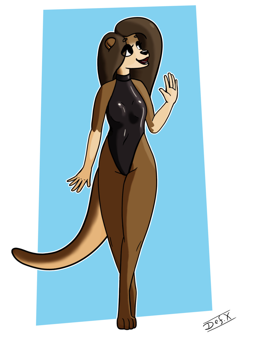 anthro big_tail brown_body brown_fur brown_hair cansinodx female fur gesture hair hi_res mammal mustelid olivia_(cansinodx) open_mouth otter pose rubber_clothing solo tail waving