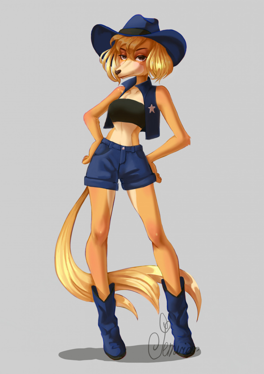 anthro black_clothing black_topwear blonde_hair blue_boots blue_bottomwear blue_clothing blue_footwear blue_hat blue_headwear blue_shorts blue_topwear blue_vest boots bottomwear breasts brown_eyes canid canine canis clothed clothing cowboy_hat cuphead_(game) domestic_dog eyelashes female footwear front_view fur grey_background hair hand_on_hip hat headgear headwear hi_res hunting_dog long_tail looking_at_viewer mammal navel orange_body orange_fur saluki semirasb sgt._o'fera_(cuphead) sheriff_badge shoes short_hair shorts sighthound simple_background slim small_breasts solo tail tan_body tan_fur topwear vest