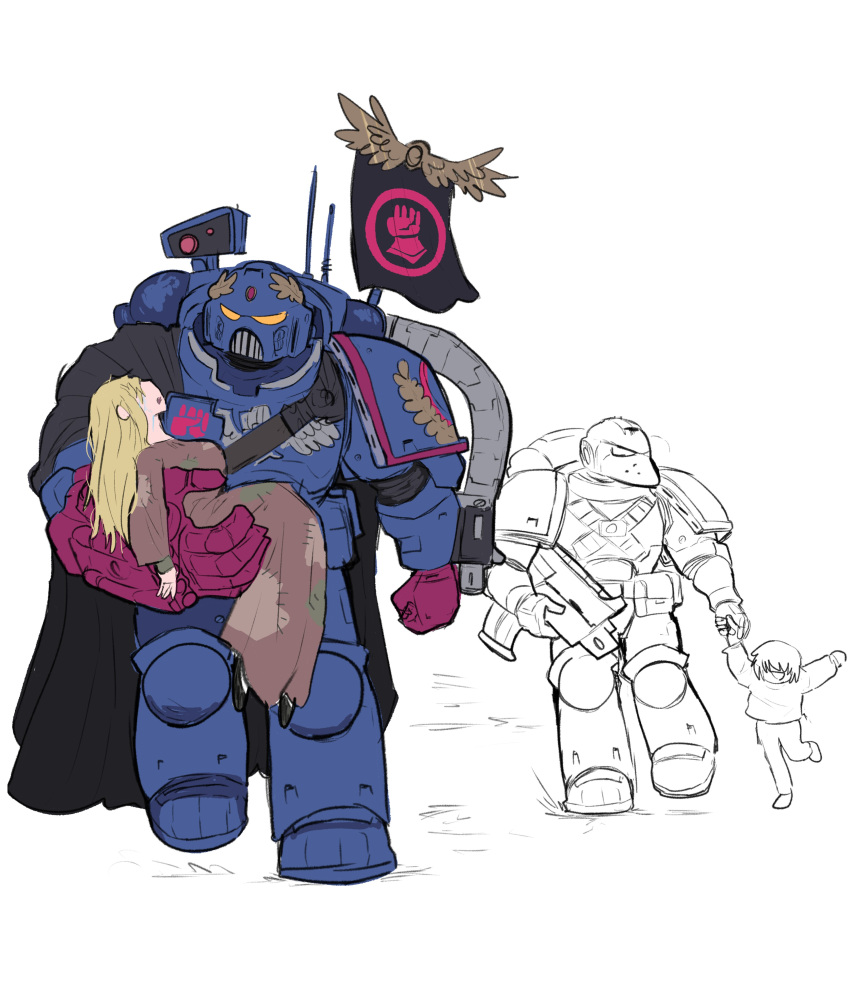 2boys 2girls absurdres adeptus_astartes armor banner bolter carrying carrying_person crimson_fists dirty dirty_clothes height_difference highres holding_bolter holding_hands japvs laurel_crown long_hair mother_and_daughter multiple_boys multiple_girls pauldrons power_armor rescue shoulder_armor warhammer_40k weapon white_background