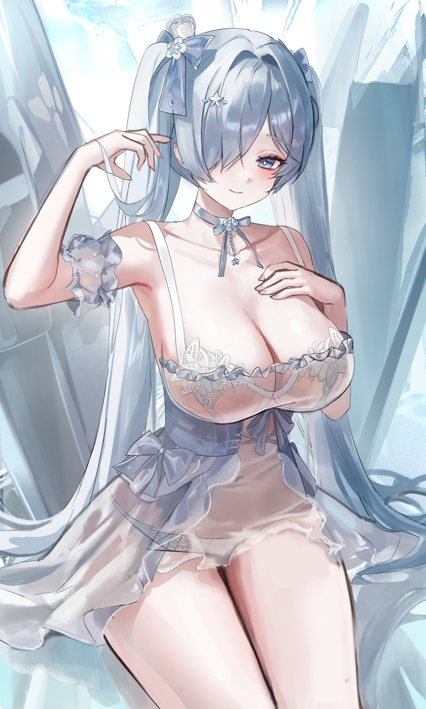 absurdres bare_shoulders blue_eyes breasts cinderella_(glass_princess)_(nikke) cinderella_(nikke) cleavage closed_mouth collarbone dress female goddess_of_victory:_nikke hair_over_one_eye highres large_breasts long_hair official_alternate_costume panties revision see-through_clothes see-through_dress simple_background smile solo thighs twintails underwear very_long_hair white_background white_dress white_hair white_panties yam_s2