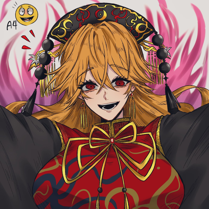 black_dress black_hat breasts chinese_clothes crescent crescent_print dress earrings energy female hair_between_eyes hair_ornament hair_stick hat highres jewelry junko_(touhou) large_breasts long_hair long_sleeves looking_at_viewer mandarin_collar nap_muntarou neck_ribbon notice_lines open_mouth orange_hair phoenix_crown pom_pom_(clothes) red_eyes red_tabard ribbon simple_background smile solo tabard tassel teeth touhou upper_body white_background wide_sleeves yellow_ribbon