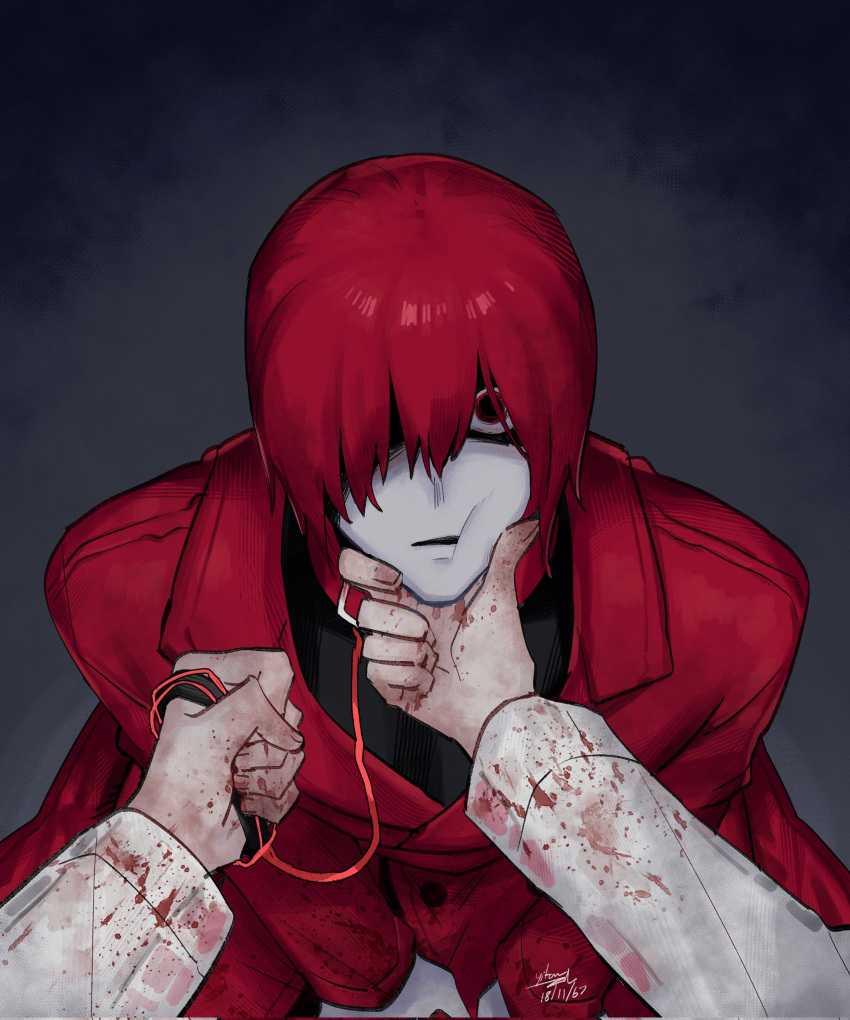 1boy blood blood_on_clothes blood_on_hands coat female female_pov hand_on_another's_face heroine_(homicipher) highres homicipher lapels long_sleeves looking_at_viewer male_focus mr_scarletella notched_lapels open_mouth pants pov red_coat red_eyes red_hair red_pants sitting solo_focus white_raincoat yitaraziel