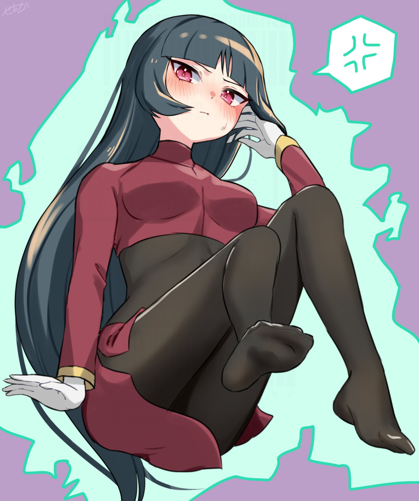 absurdres adjusting_hair amakusa_setoka anger_vein ass barefoot black_bodysuit black_hair blue_hair blunt_bangs blush bodysuit bodysuit_under_clothes breasts crop_top dark_blue_hair female gloves good_thighs_day highres hime_cut jacket knees_up large_breasts long_hair long_sleeves pantyhose pencil_skirt pokemon pokemon_frlg red_eyes red_jacket red_skirt sabrina_(pokemon) side_slit skirt solo spoken_anger_vein telekinesis thighs turtleneck turtleneck_jacket v-shaped_eyebrows white_gloves