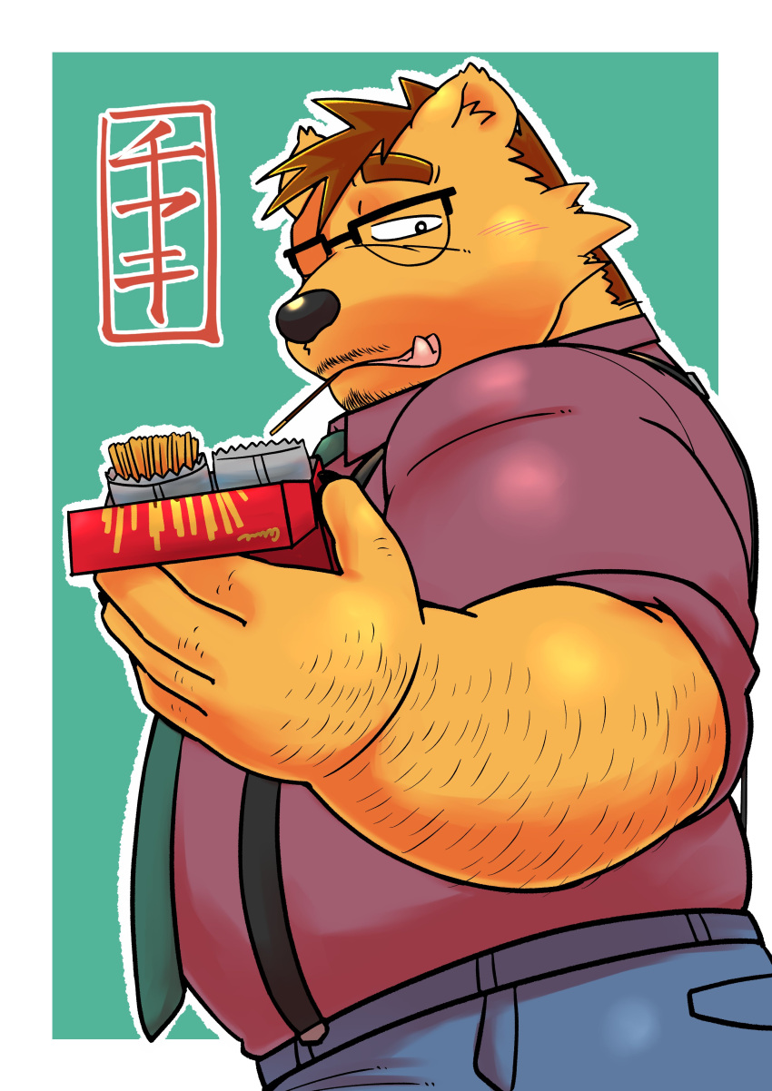 2024 absurd_res anthro bear black_nose bottomwear brown_body ch_ia_ki clothing eyewear food glasses hi_res kemono male mammal necktie one_eye_closed overweight overweight_male pants pocky pocky_and_pretz_day shirt simple_background solo suspenders topwear wink