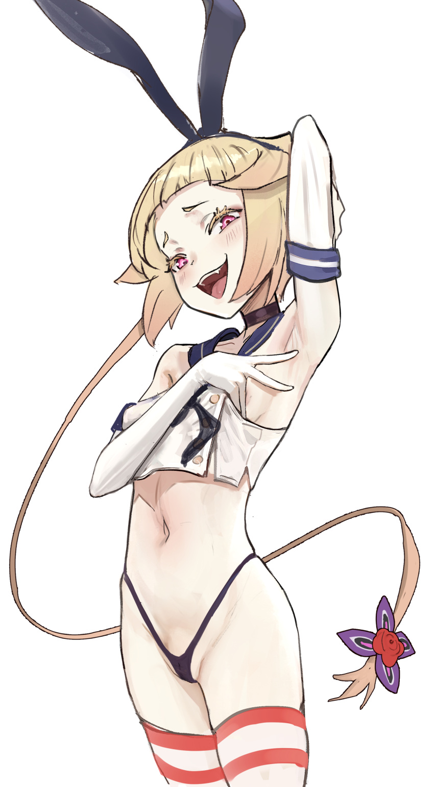 absurdres alternate_costume arm_up armpits bikini blonde_hair blunt_bangs blush breasts capella_emerada_lugnica cinn_angl cosplay crop_top crossover elbow_gloves female frown gloves hair_ornament half-closed_eyes highres kantai_collection legs_together navel open_mouth pink_eyes presenting_armpit re:zero_kara_hajimeru_isekai_seikatsu shimakaze_(kancolle) shimakaze_(kancolle)_(cosplay) short_hair_with_long_locks simple_background small_breasts solo standing striped_clothes striped_thighhighs swimsuit teeth thighhighs upper_teeth_only white_background white_gloves