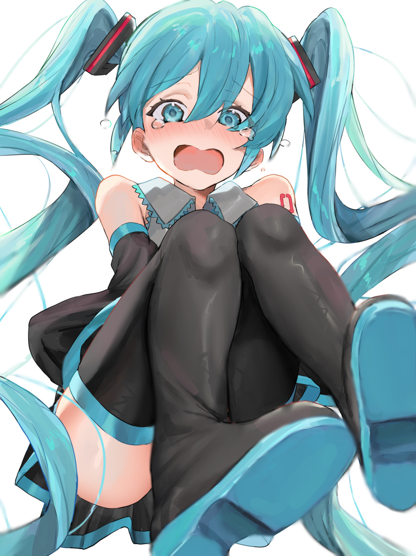 bare_shoulders black_footwear black_skirt black_sleeves blue_eyes blue_hair blush boots convenient_censoring convenient_leg detached_sleeves frilled_shirt_collar frills grey_shirt hair_between_eyes hair_ornament hatsune_miku highres kanimiso_uni knees_up long_hair looking_at_viewer nose_blush number_tattoo open_mouth pleated_skirt shirt simple_background skirt tattoo tears thigh_boots thighhighs twintails very_long_hair vocaloid white_background