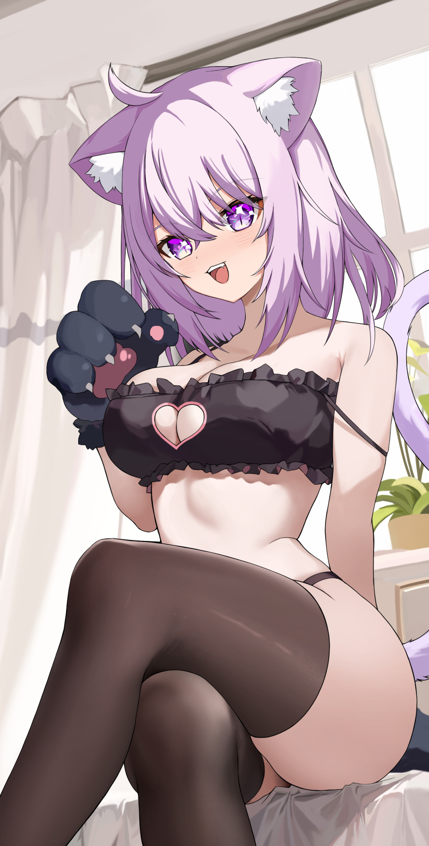 absurdres ahoge animal_ear_fluff animal_ears animal_hands black_bra black_panties black_thighhighs bra breasts cat_ears cat_girl cat_tail cleavage cleavage_cutout clothing_cutout commentary crossed_bangs crossed_legs curtains female frilled_bra frills gloves hair_between_eyes hand_up highleg highleg_panties highres hololive indoors large_breasts looking_at_viewer medium_hair nekomata_okayu panties paw_gloves plant potted_plant purple_eyes purple_hair sitting solo strap_slip tail thighhighs underwear underwear_only virtual_youtuber yuni_animal_(remyi_3)