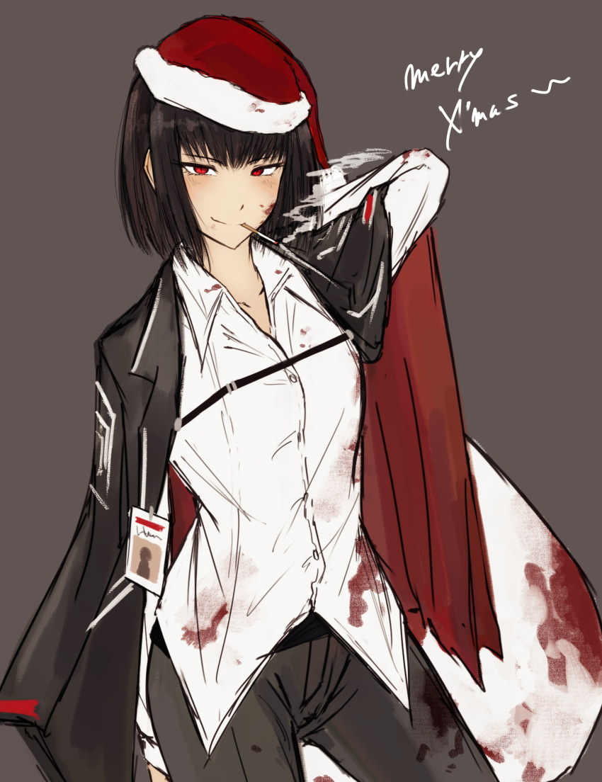 absurdres akita_(akitakipuromun) bag black_coat black_hair black_pants blood blood_on_clothes blood_on_face bob_cut cigarette coat contrapposto female hat highres holding holding_bag limbus_company looking_at_viewer merry_christmas pants project_moon red_eyes santa_hat shirt short_hair smile smoking white_shirt