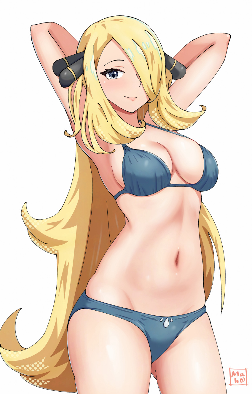 absurdres alternate_costume armpits arms_behind_head bikini blonde_hair breasts closed_mouth commentary_request cowboy_shot cynthia_(pokemon) eyelashes female grey_bikini grey_eyes hair_ornament hair_over_one_eye highres long_hair looking_at_viewer maho_(corotonton5150) navel pokemon pokemon_dppt simple_background smile solo swimsuit white_background