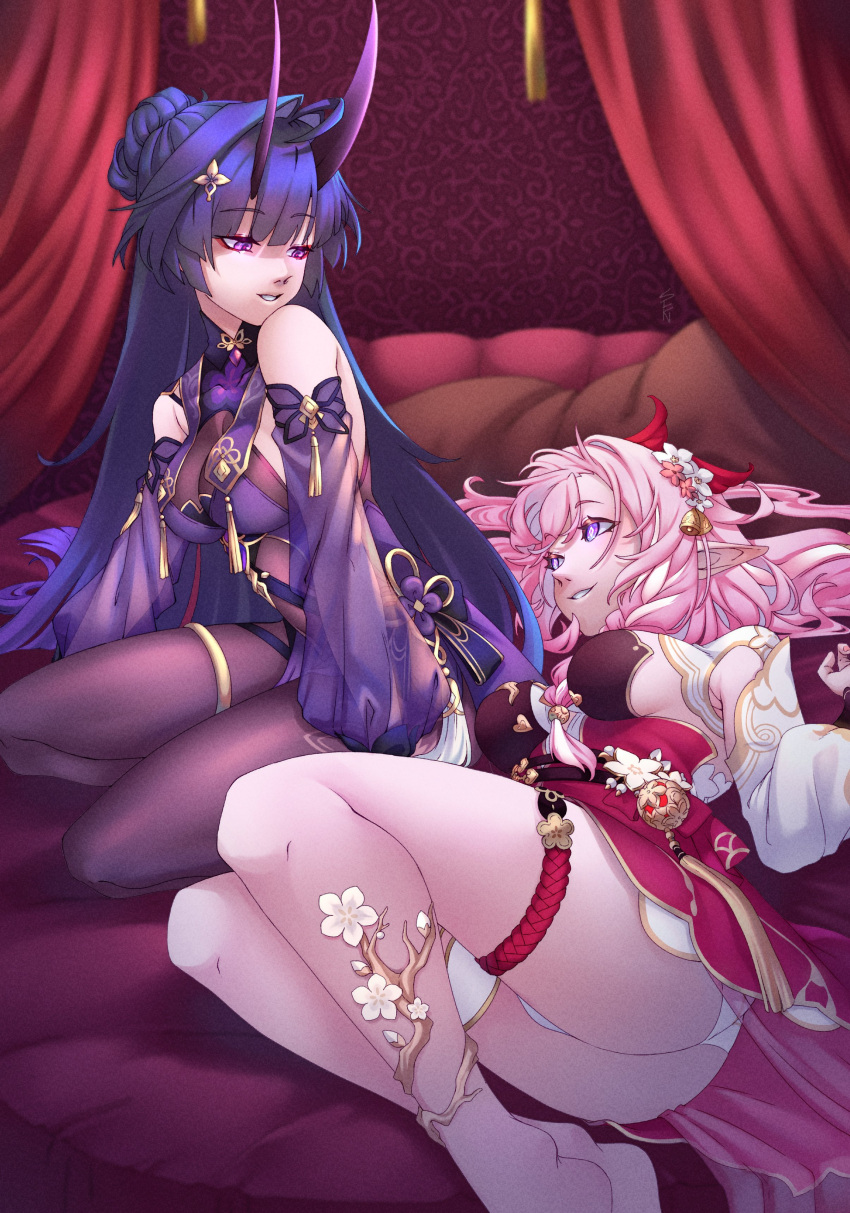 2girls absurdres ass bare_legs black_pantyhose breasts china_dress chinese_clothes commentary curtains dress elf elysia_(herrscher_of_human:_ego)_(honkai_impact) elysia_(honkai_impact) elysia_(peachy_spring)_(honkai_impact) highres honkai_(series) honkai_impact_3rd horns large_breasts legs long_hair long_sleeves looking_at_another lying multiple_girls official_alternate_costume on_bed on_side pantyhose pointy_ears puffy_long_sleeves puffy_sleeves purple_dress purple_eyes purple_hair purple_horns raiden_mei raiden_mei_(herrscher_of_thunder) raiden_mei_(rainy_springtide) red_dress senouzzz sideboob very_long_hair yuri