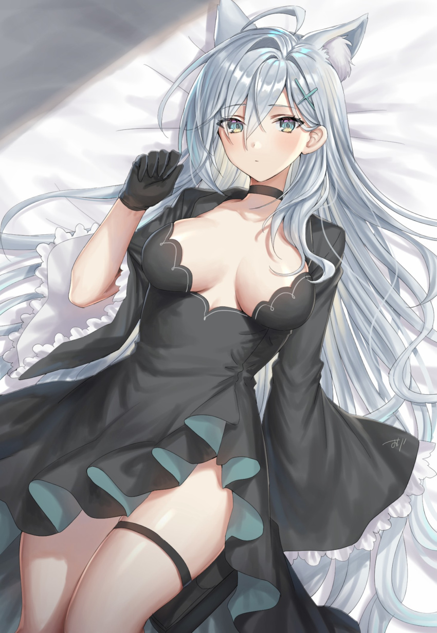 ahoge animal_ear_fluff animal_ears arm_at_side bed_sheet black_choker black_dress black_gloves blue_archive blue_eyes blush breasts breasts_apart choker clenched_hand closed_mouth commentary cowboy_shot cross_hair_ornament curvy dress dutch_angle extra_ears eyelashes eyes_visible_through_hair female frilled_sleeves frills gloves grey_hair hair_behind_ear hair_between_eyes hair_intakes hair_ornament hair_spread_out hand_up highres huge_ahoge large_breasts long_hair long_sleeves looking_at_viewer lying on_back oshage_(osyage921) shiroko_(blue_archive) shiroko_terror_(blue_archive) signature solo symbol-only_commentary thigh_strap thighs tsurime very_long_hair wide_sleeves wolf_ears