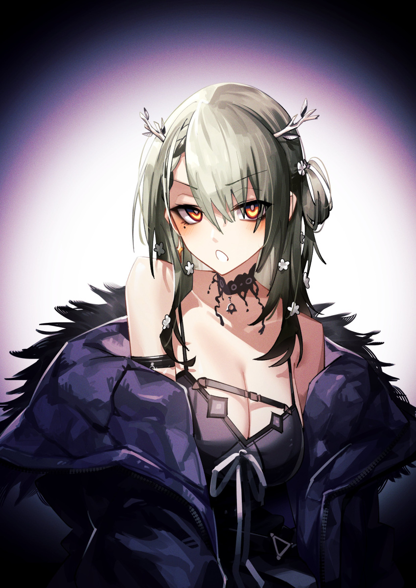 absurdres adarin armlet bare_shoulders black_choker black_dress black_jacket blush braid braided_bangs breast_strap breasts ceres_fauna choker cleavage commentary cosplay dress earrings english_commentary female flower fur_trim green_hair hair_flower hair_ornament highres hololive hololive_english horns jacket jewelry large_breasts long_hair looking_at_viewer mole mole_under_eye off_shoulder open_mouth shiori_novella shiori_novella_(1st_costume) shiori_novella_(cosplay) sidelocks single_hair_ring sleeveless sleeveless_dress solo textless_version virtual_youtuber yellow_eyes