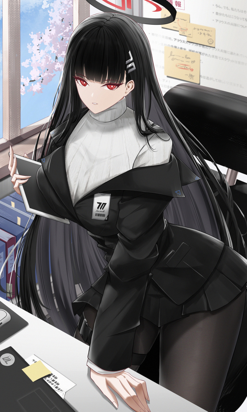 absurdres black_hair black_halo black_pantyhose blue_archive breasts bright_pupils female hair_ornament hairclip hairpin halo highres id_card large_breasts pantyhose red_eyes ribbed_sweater rio_(blue_archive) rogomarebuteki solo sweater turtleneck turtleneck_sweater white_pupils white_sweater