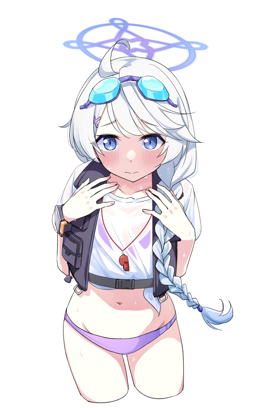 53c_(ray_cordova) absurdres ahoge bikini bikini_under_clothes blue_archive blue_eyes blush braid closed_mouth collarbone commentary cowboy_shot cropped_legs female goggles goggles_on_head grey_hair halo hands_up highres kirino_(blue_archive) kirino_(swimsuit)_(blue_archive) long_hair looking_at_viewer purple_bikini see-through_clothes shirt short_sleeves simple_background single_braid solo swimsuit very_long_hair wet wet_clothes wet_shirt whistle whistle_around_neck white_background white_shirt