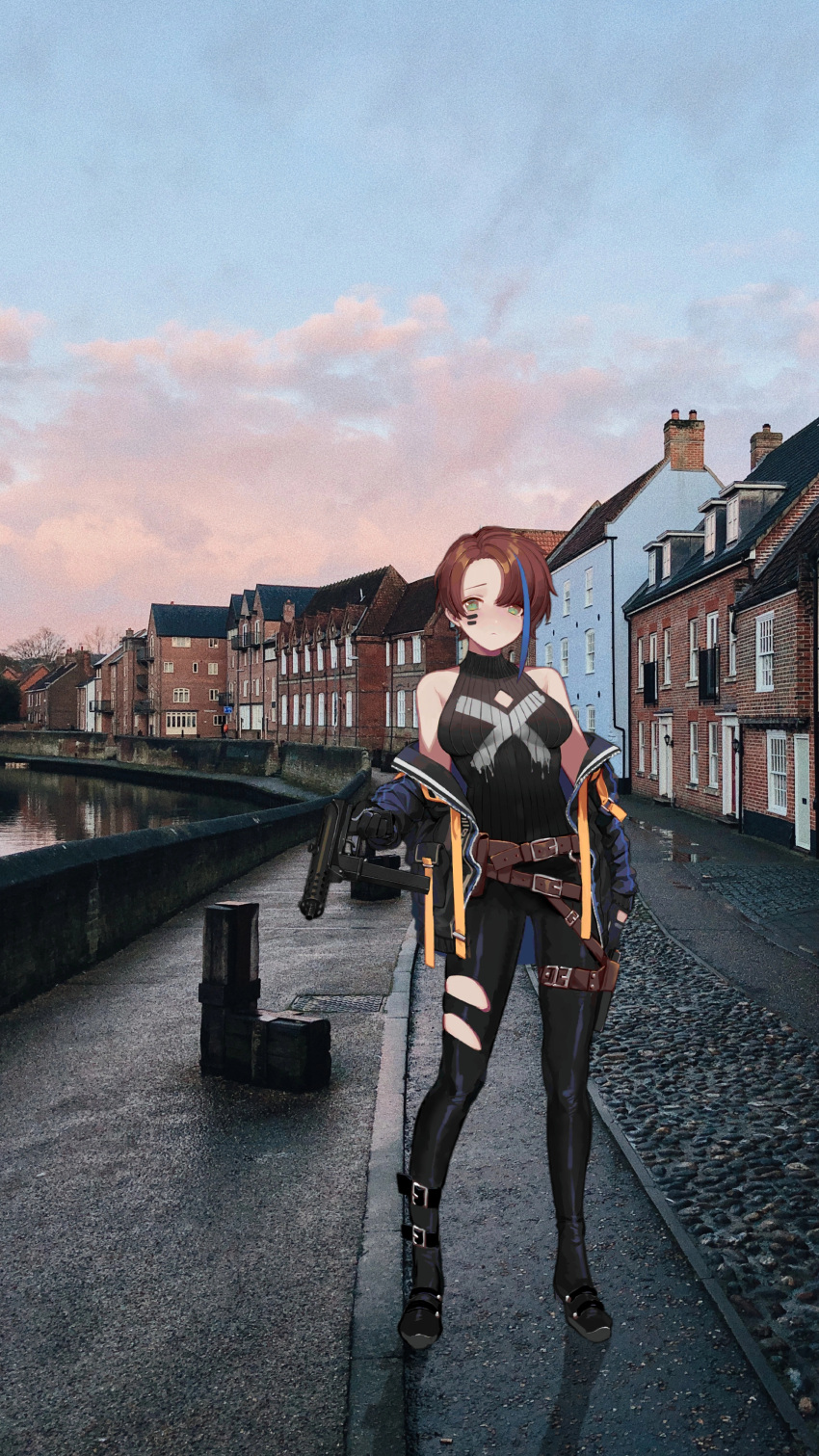 79107628 absurdres blue_streaks brown_hair female full_body girls'_frontline green_eyes gun handgun highres house multicolored_hair outdoors pants photo_(medium) photo_background photoshop_(medium) river short_hair sky solo streaked_hair tec-9 tec-9_(girls'_frontline) turtleneck weapon